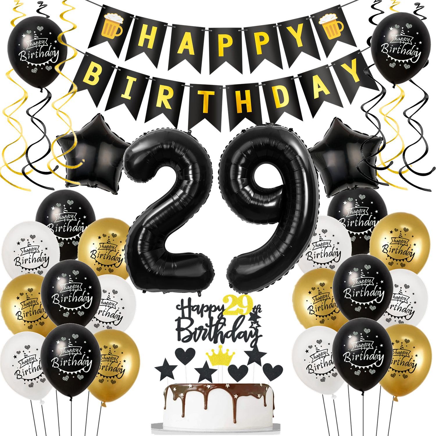 Luftballons 29. Geburtstag Schwarz Golden, Geburtstagsdeko 29 Jahre Mann Frauen, Ballon 29. Geburtstag, Folienballon Zahl 29, deko 29. geburtstag Frauen, Schwarz Tortendeko 29 Mann Deko
