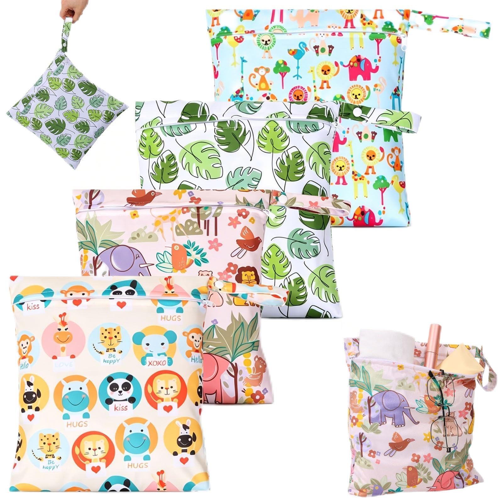 4Pcs Wet Bag Waterproof Wet Dry Bags Reusable Washable Cloth Diaper Bags Nappy Bag Organiser Pouch with Zipper & Snap Lanyard for Baby Items, Wets Clothes, Swimming, Gym, Travel & Daycare(Style 1)