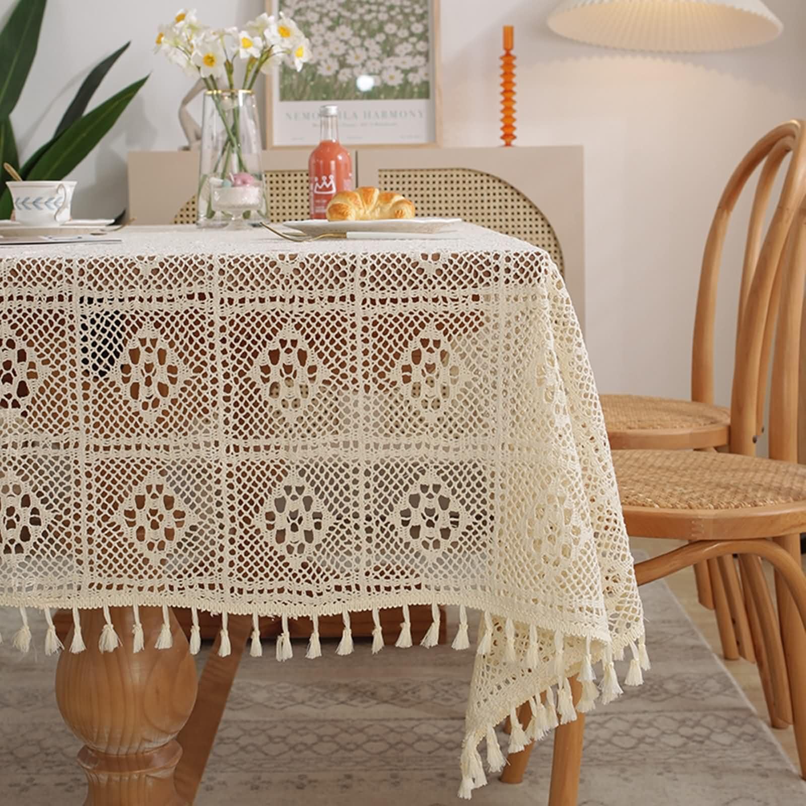 Tovaglia Quadrata Reticolo Cavo con Nappe Tovaglie Cucina Poliestere Beige,180x180CM