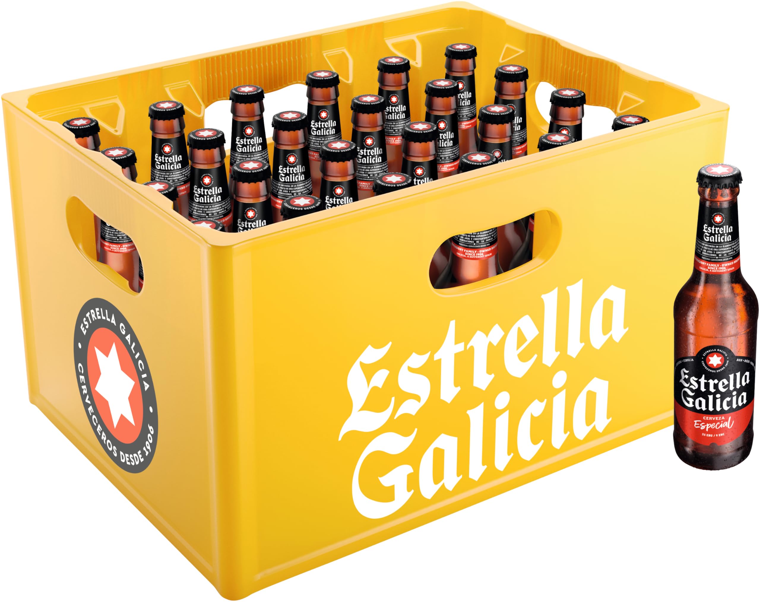 Estrella Galicia Internationales Premium Lager aus Spanien Flaschenbier, MEHRWEG im Kasten, 24er Kiste (24 x 0.33 l), Mild süffiges helles Lager Bier original in Spanien gebraut