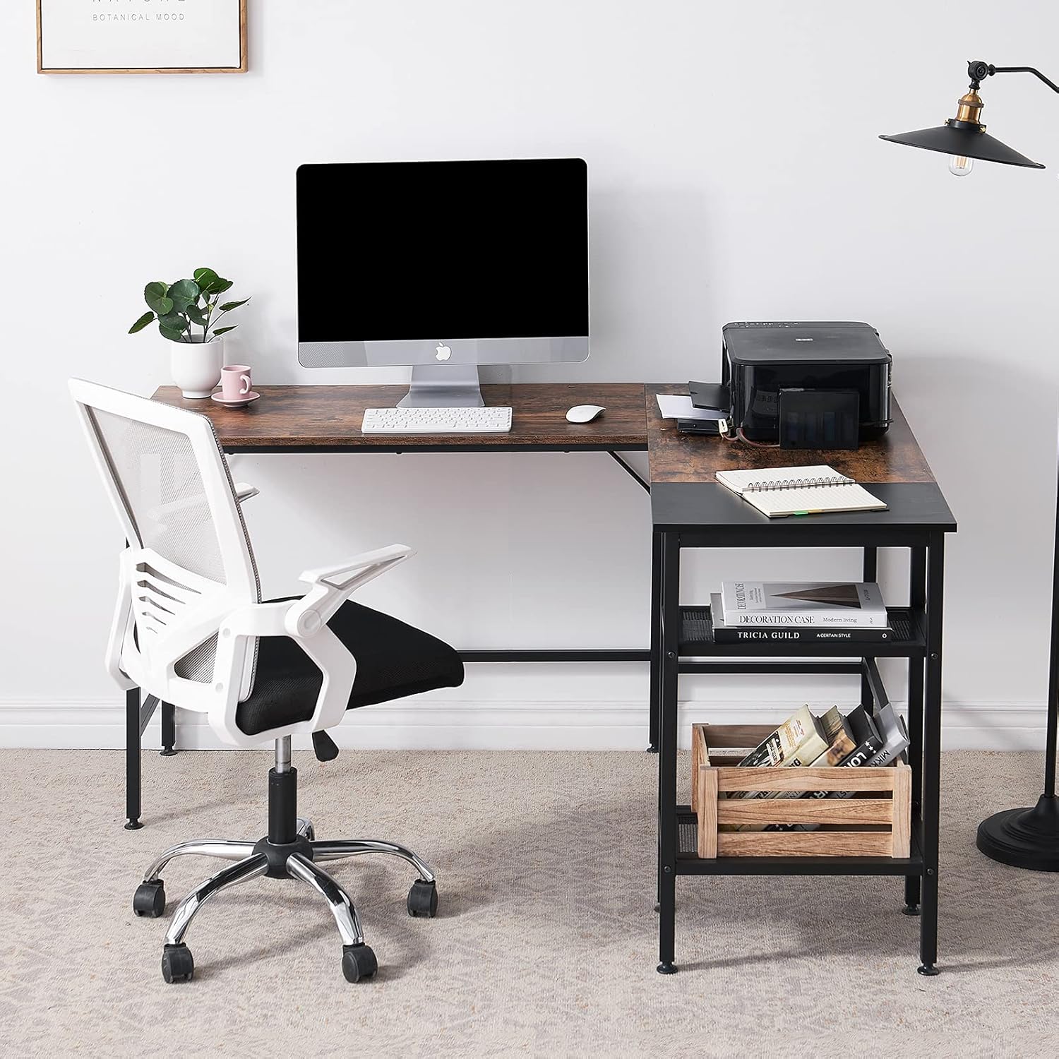 Reversible L Shaped Computer Desk, 59 Inch L-Shaped Desk with Storage Shelves, Rustic Corner Computer Desk with Movable Shelf, Home Office Computer Workstation