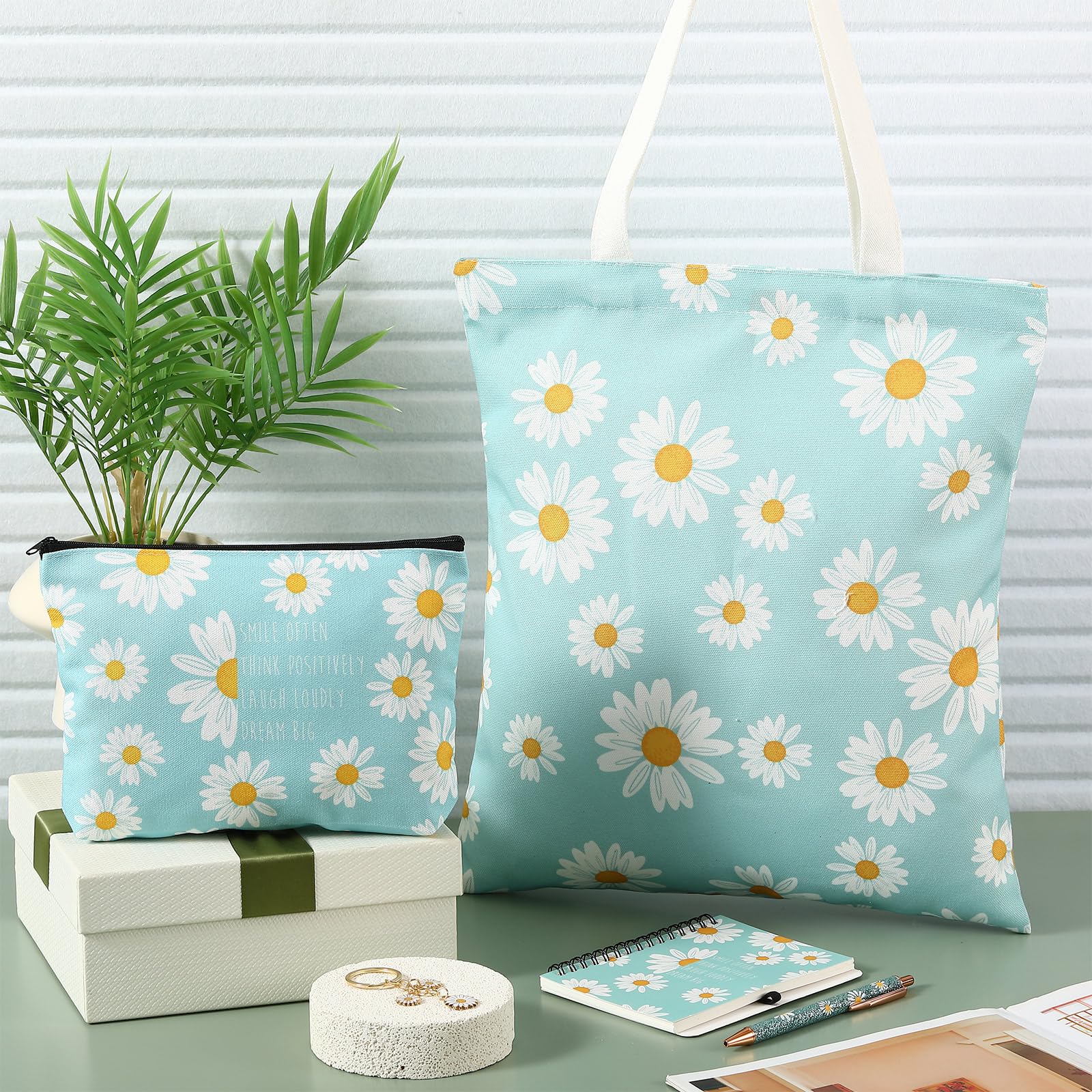 5 Pcs Cute Gifts Set for Women Include Tote Bag Cosmetic Bag Keychain Pen Notebook,Inspiring Gifts for Friendship Birthday Christmas Coworkers Family(Daisy)
