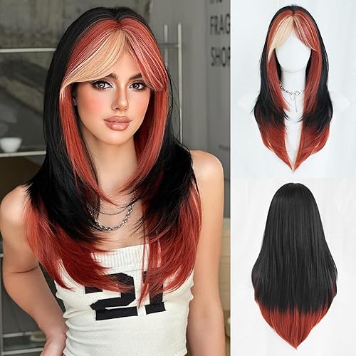 7JHH WIGS Black Ginger Wig with Half Orange Ombre Pink