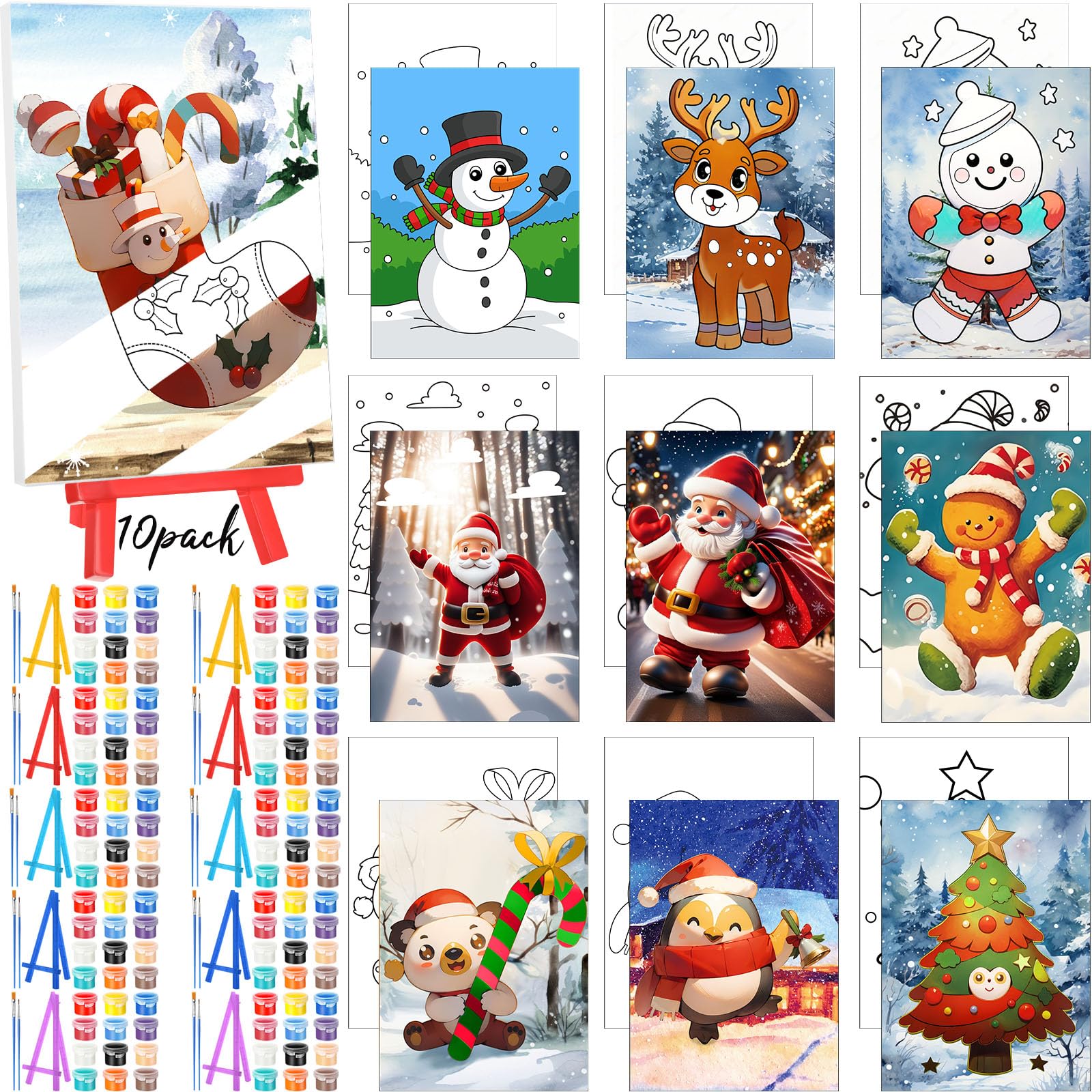 Blosssound 10 Set Pre Printed Canvas Pre Drawn Canvas Painting with Easel Kits 5" x 7" Outline Painting Panels for Beginners, DIY Craft Project, Party