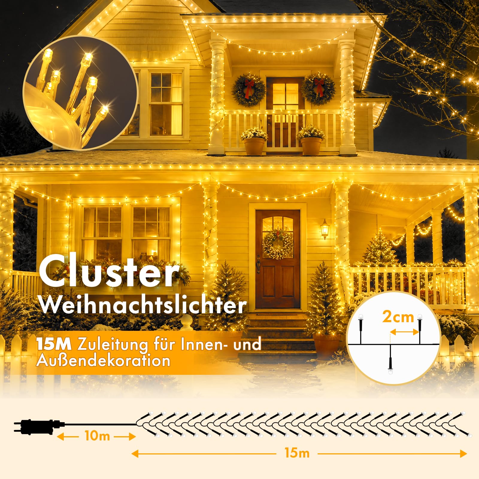 MAGGIFT 750 LED Lichterkette 15M Weihnachtsbeleuchtung Outdoor mit Stecker/Fernbedienung 8 Modi/Timer/Dimmbar Wasserdicht Cluster Lichterkette für Weihnachten Garten Party Geburtstag Hochzeit Warmweiß
