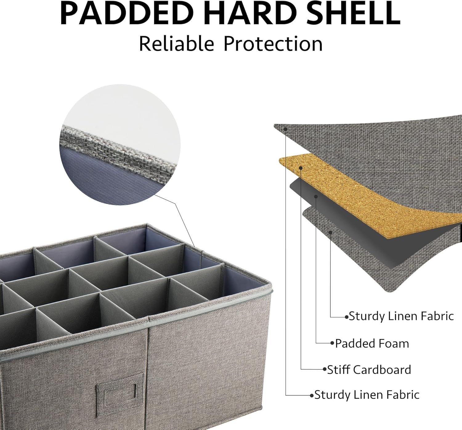 LotFancy Stemware Storage Container for Moving, Hard Shell, Wide Wine Glass Storage Box with Dividers & Handles, Stackable, Foldable Crystal Glassware Case, 21”x15.5”x10”, Grey