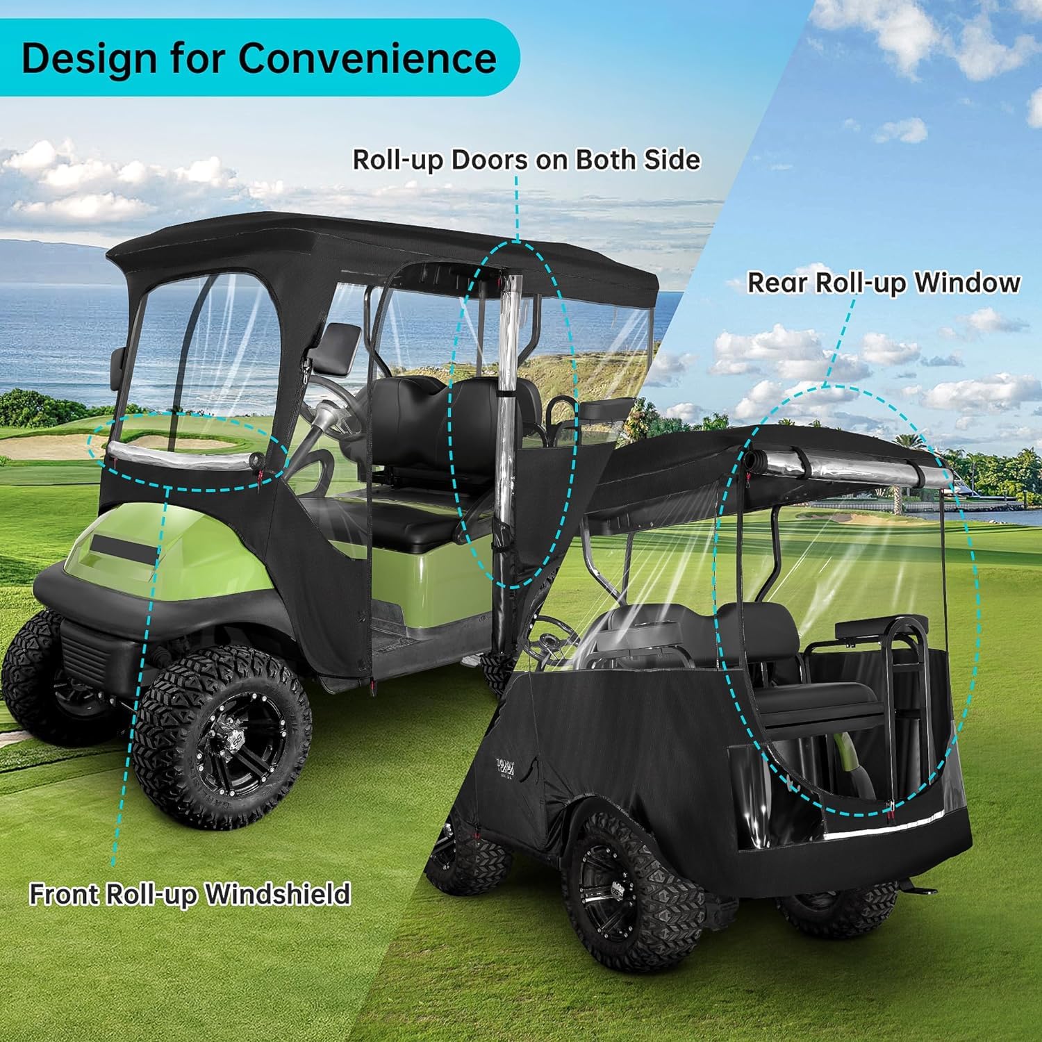 10L0L Golfwagen Abdeckung für 4 Passagier Club Car Precedent mit langem Dach bis zu 240 cm, 4-seitiges klares Fenster, 600D-Regenschutz, Allwetterschutz, winddicht, wasserdicht Golf Cart Abdeckung