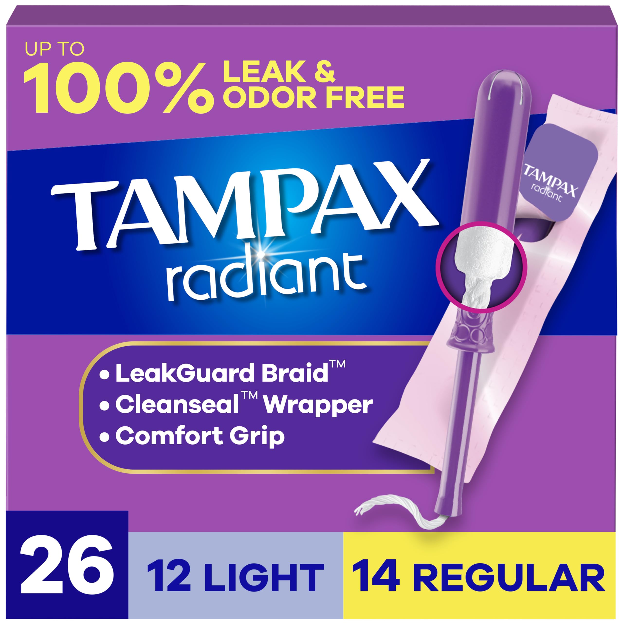Tampax Radiant Tampons Multipack, with LeakGuard Braid, Light/Regular Absorbency, Unscented, 26 Count