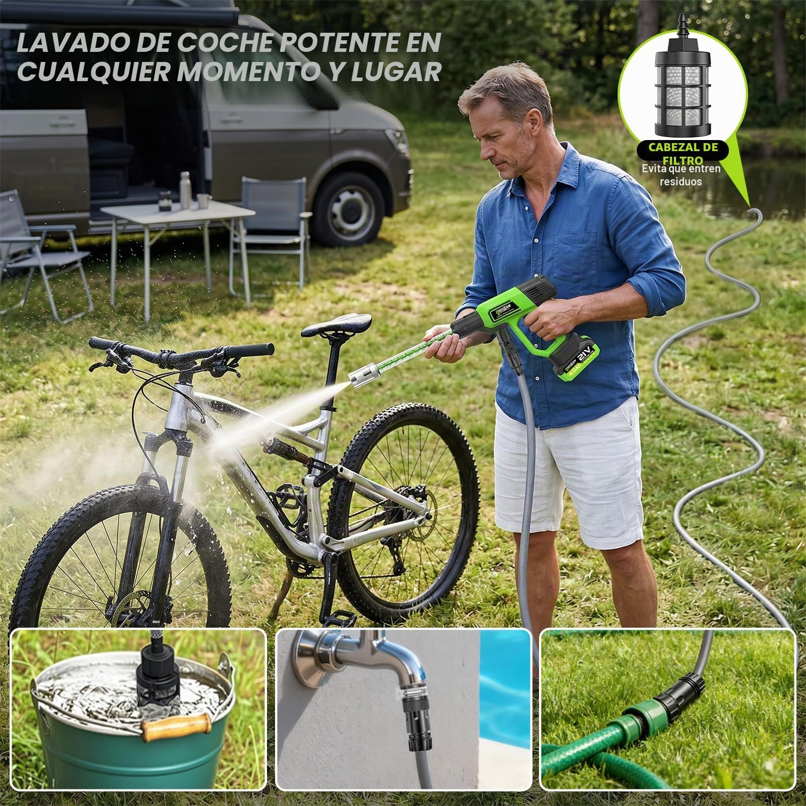 Hidrolimpiadora inalámbrica de Alta presión de 125 Bar con 2 baterías de 4,0 Ah, Motor sin escobillas, 3 velocidades, Bomba, Boquilla 5 en 1 giratoria a 180°, Manguera de 5 m, para Coche