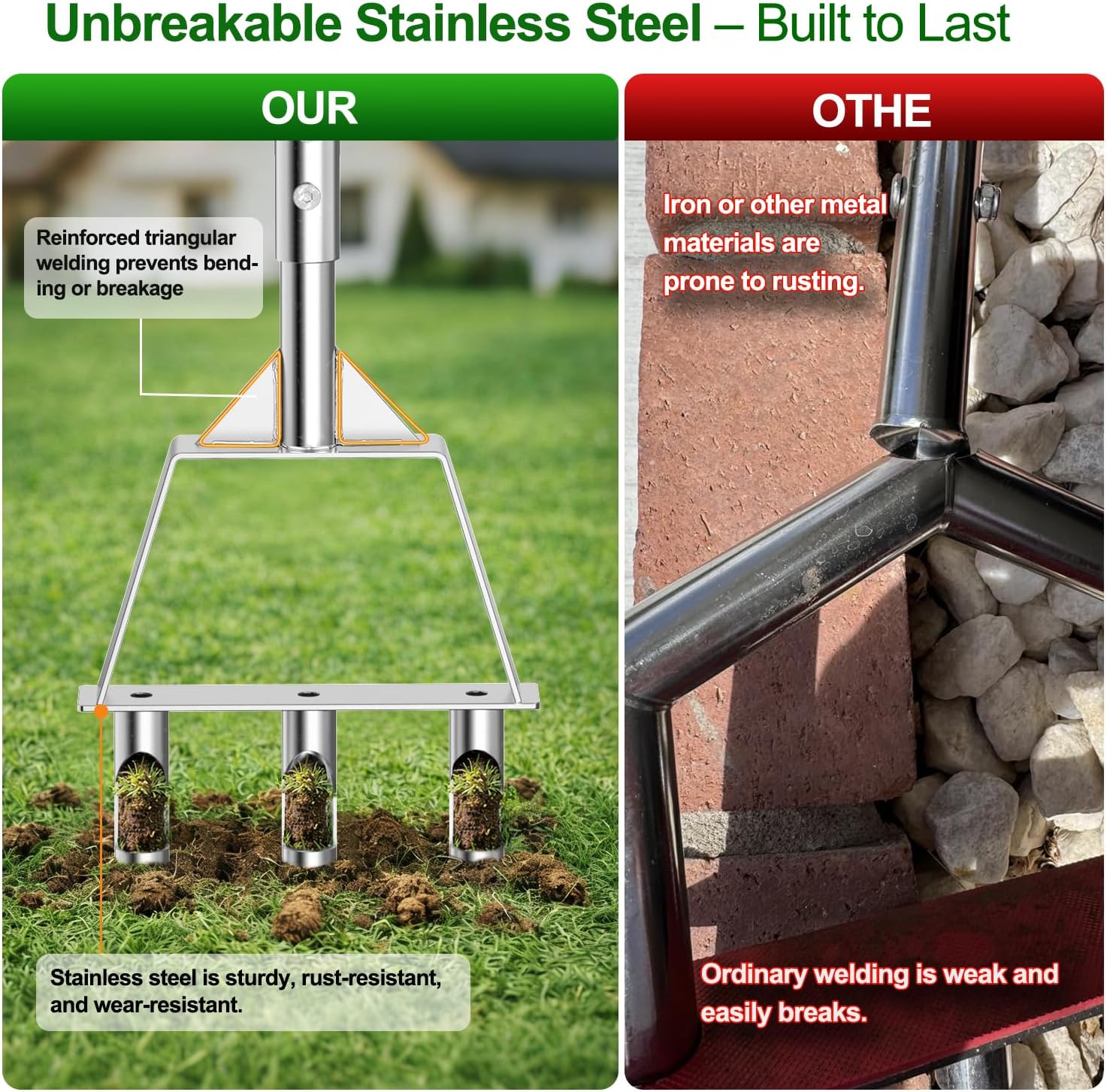 Manual Core Aerator Lawn Tool, Stainless Steel Lawn Aerator Tool with 3 Hollow Tines, Semi-Assembled Grass Aerator Core Tool for Lawn, Yard Plug Aerators, Lawn Care Coring Soil Aerator
