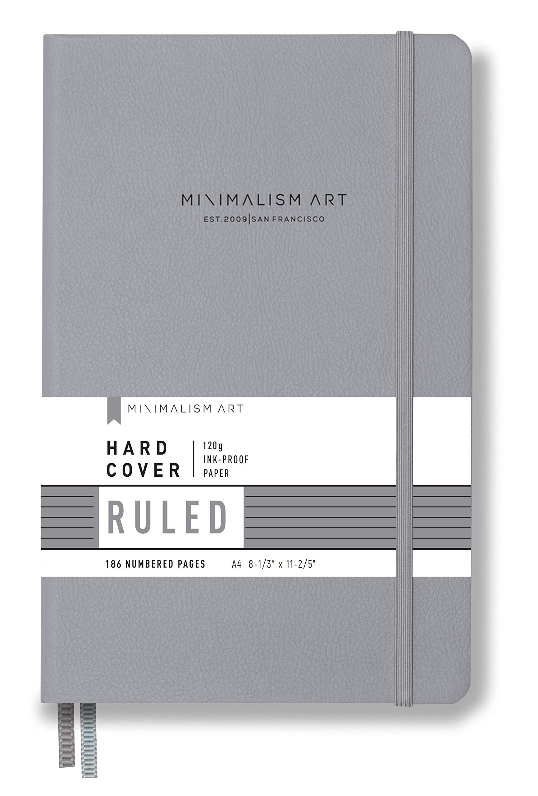 Minimalism Art, Premium Hard Cover Notebook Journal, X-Large Size, Master A4 8.3" x 11.4", 186 Numbered Pages, Gusseted Pocket, Ribbon Bookmark, Extra Thick Ink-Proof Paper 120gsm (Wide Ruled, Gray)