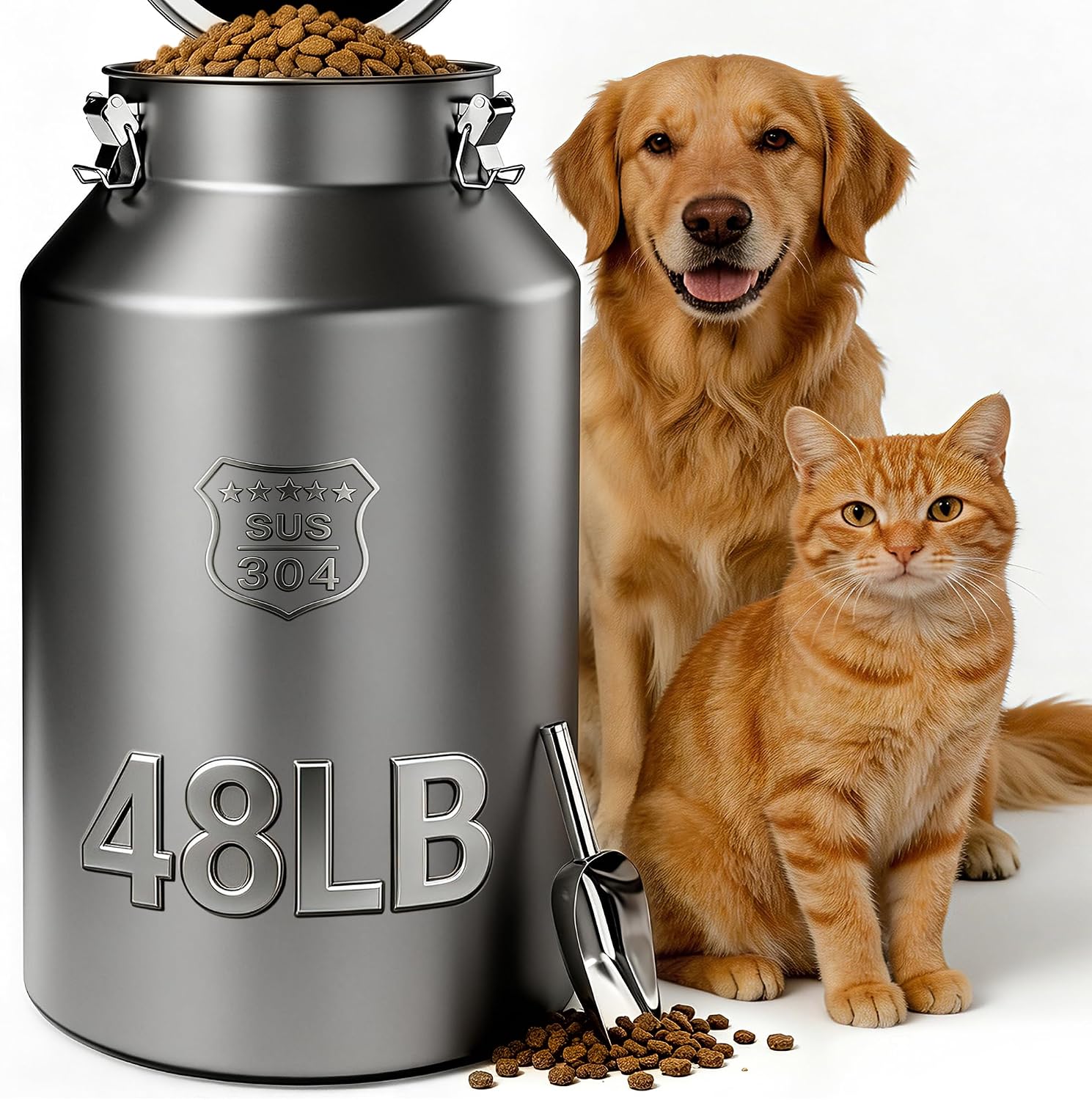 IPOW 48 lb Large 304 Stainless Steel Dog Food Bin with Airtight Lid, Pet Food Container for Dogs & Cats, Keep Fresh, Easy to Clean