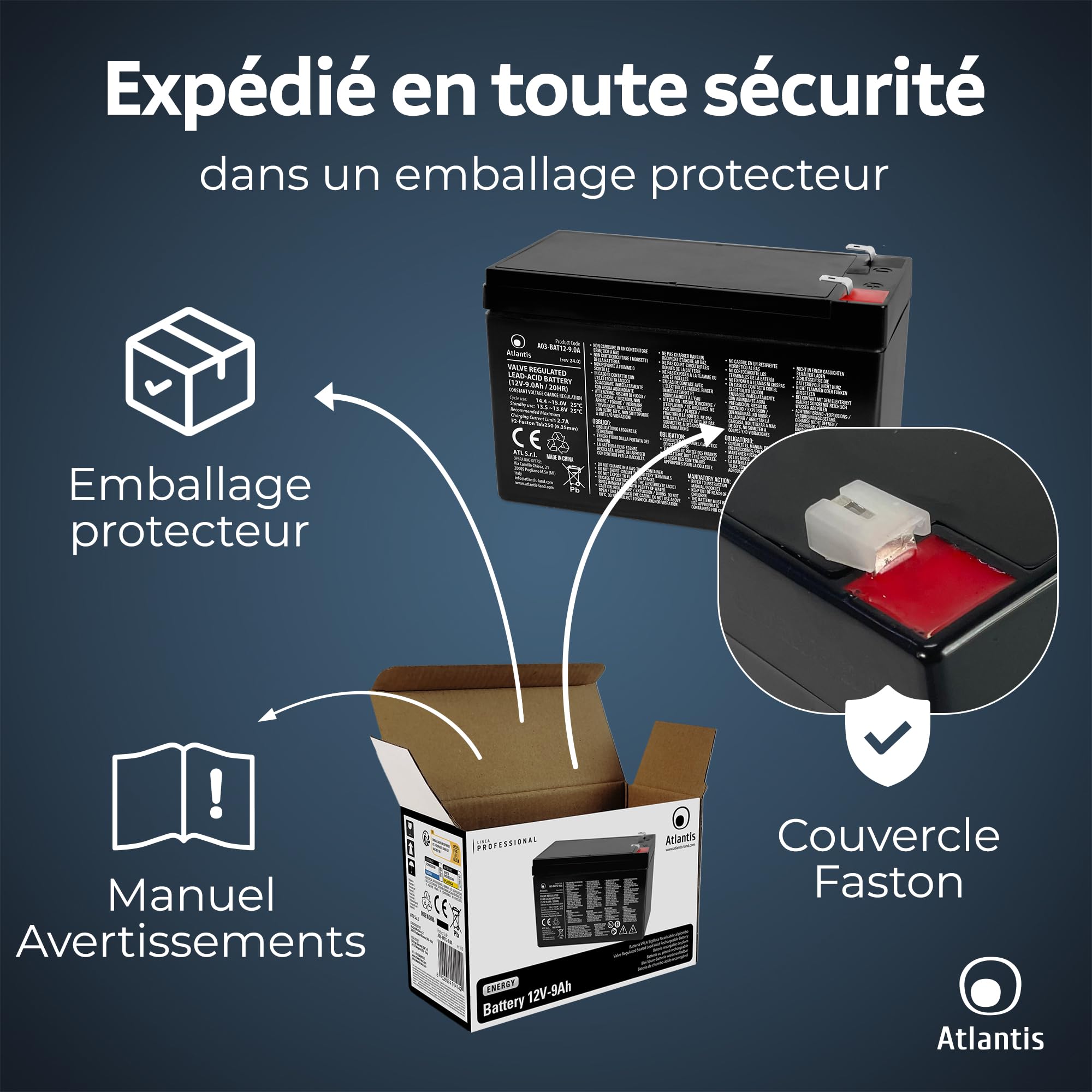 Atlantis 12v 9 ah Hermetic Lead Battery (VRLA), Convient pour UPS(onduleur), vidéosurveillance, systèmes d'alarme, mobilité électrique, Jouets, F2 6.3mm faston Connection, A03-BAT12-9.0A