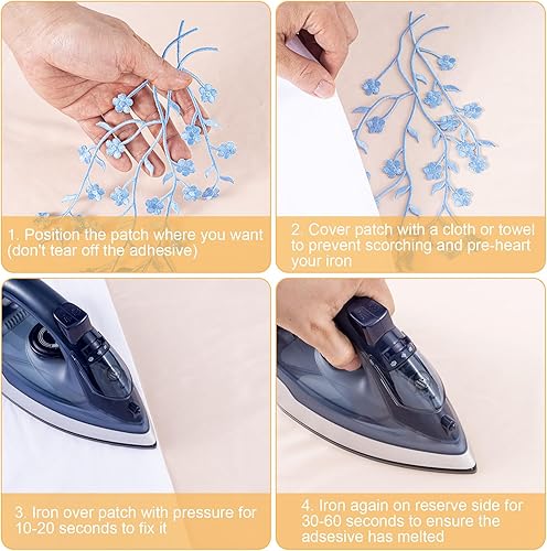 Miniatura 2 de OIIKI Adornos para vestidos de 2 piezas, parches bordados de ciruela, apliques de tela de encaje floral azul, parche bordado para manualidades de