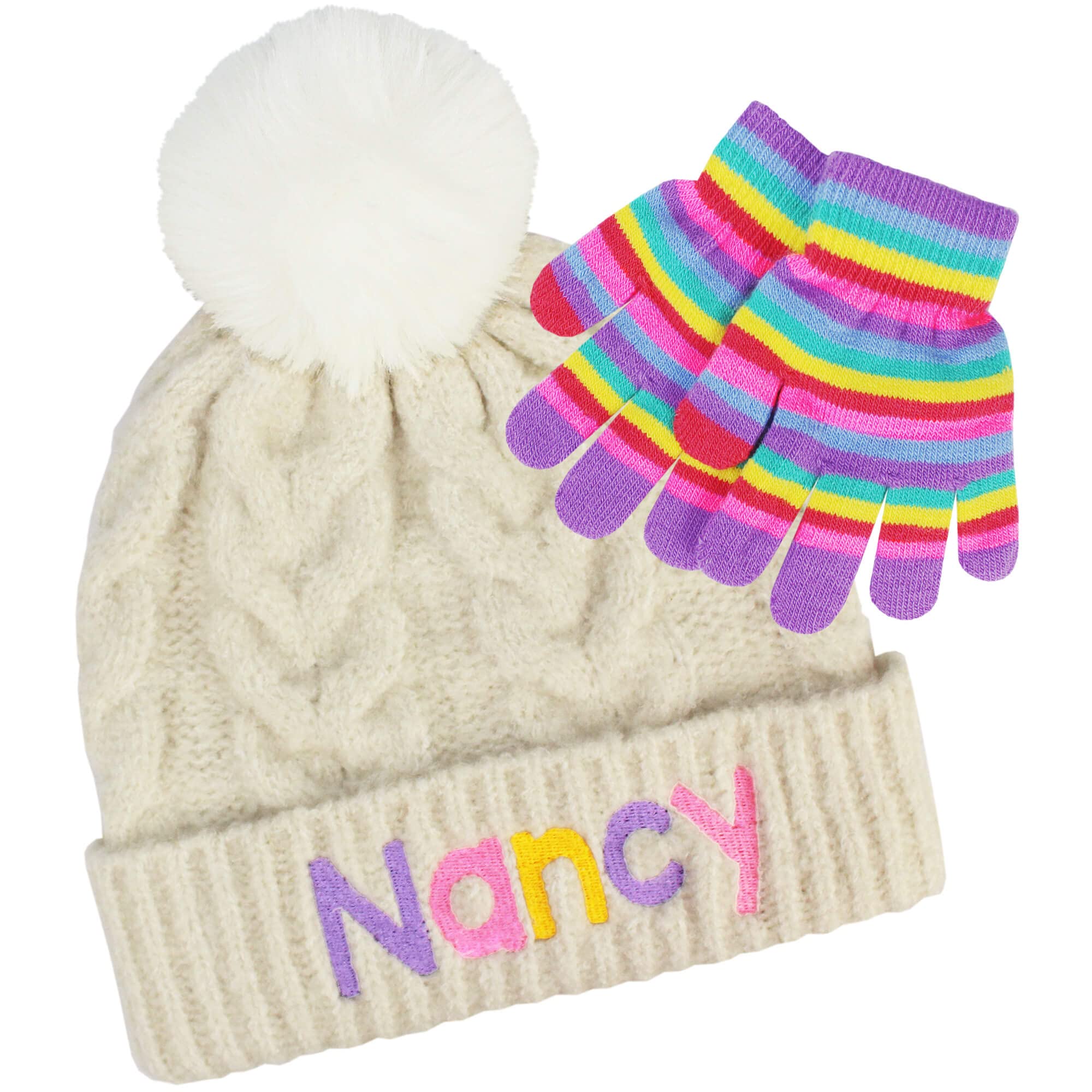 Teddyt's Girls Cream, Purple, Pink, Yellow & Turquoise Personalised Colourful Cream Cable Knit Bobble Hat & Rainbow Gloves Set