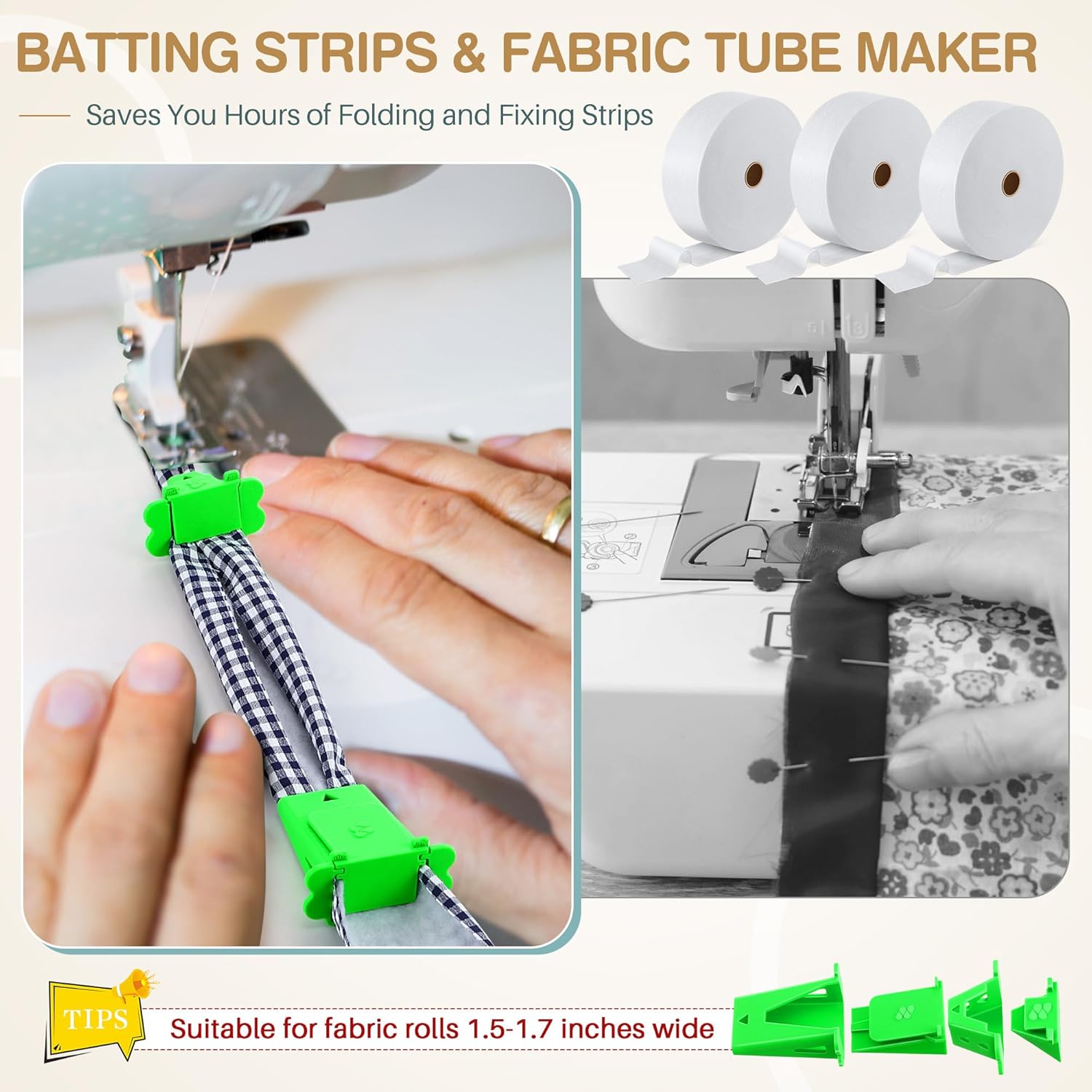 Ceoighe Fabric Roll Batting Strips with Tube Maker, 3 Rolls 150 Yards Total, 2 1/2 Inch Cotton Blend Quilt Batting for Quilting, Rugs, Braided Mats, DIY Sewing Projects