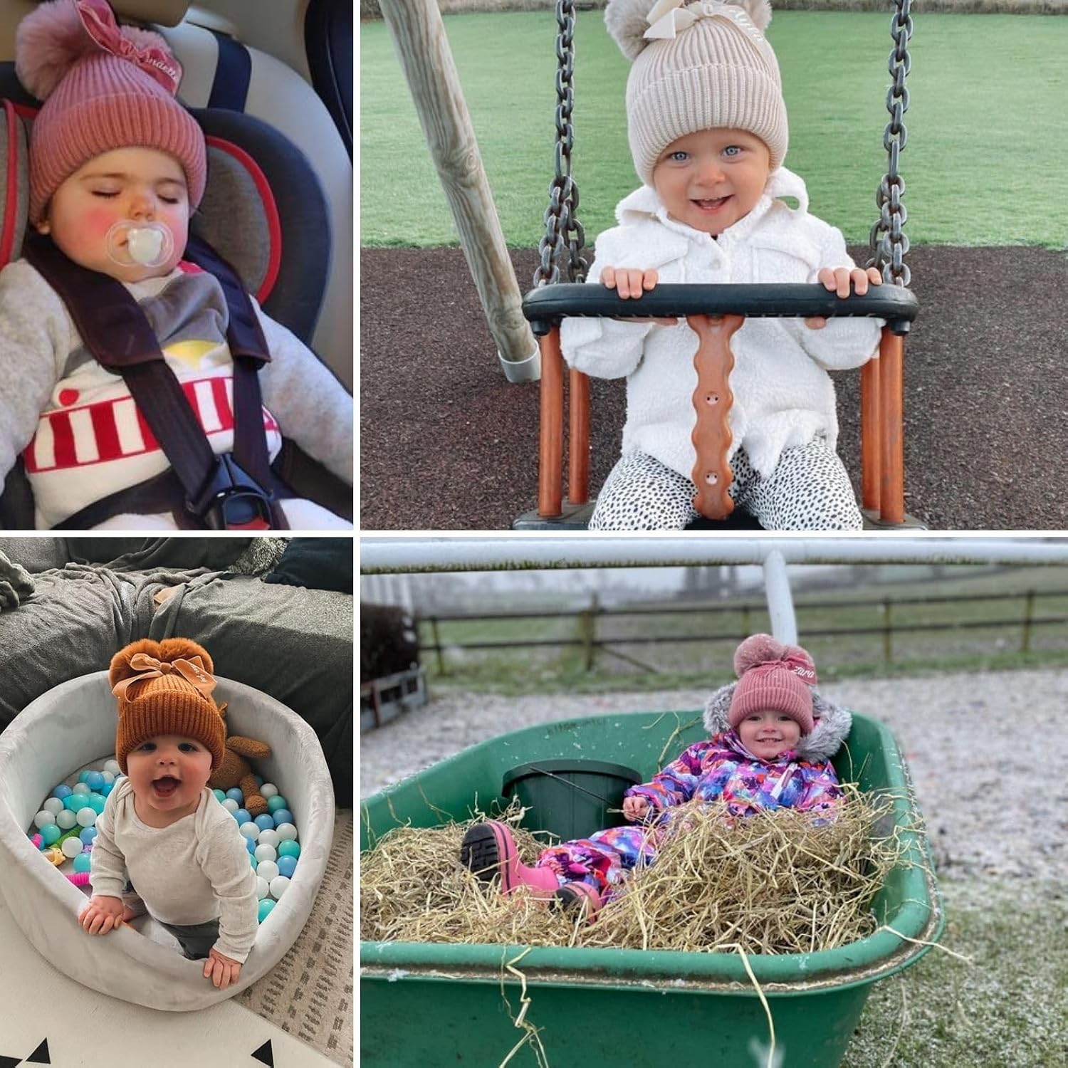 Custom Baby Winter Beanie Hat with Bow, Double Pom Pom Beanies Cap, Customized Warm Toddler Boys Girls Knit Hats