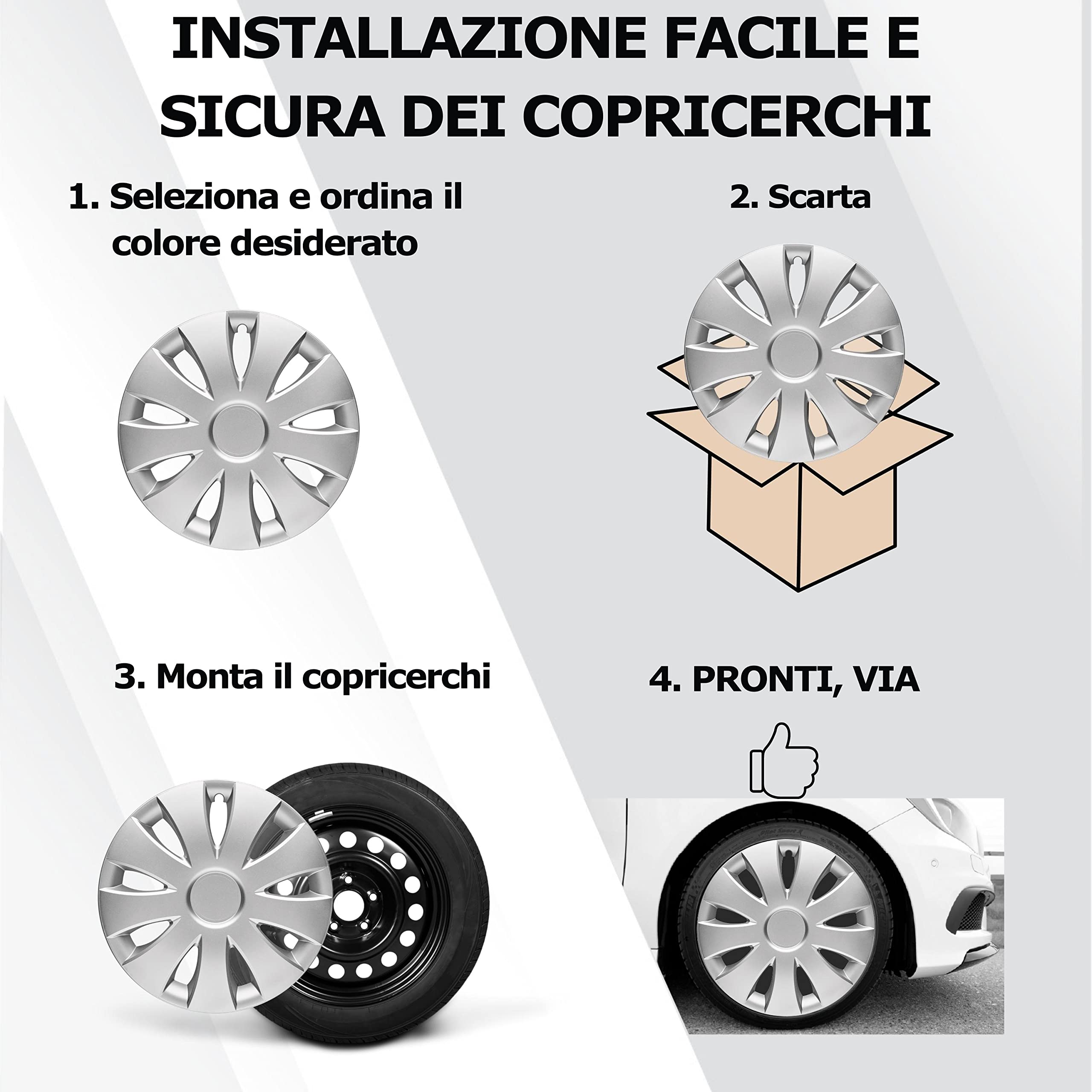 Copricerchi Universali NRM KANDO | Argento 14 Pollici | Set 4 Pezzi | Per Auto, Moto, Bici