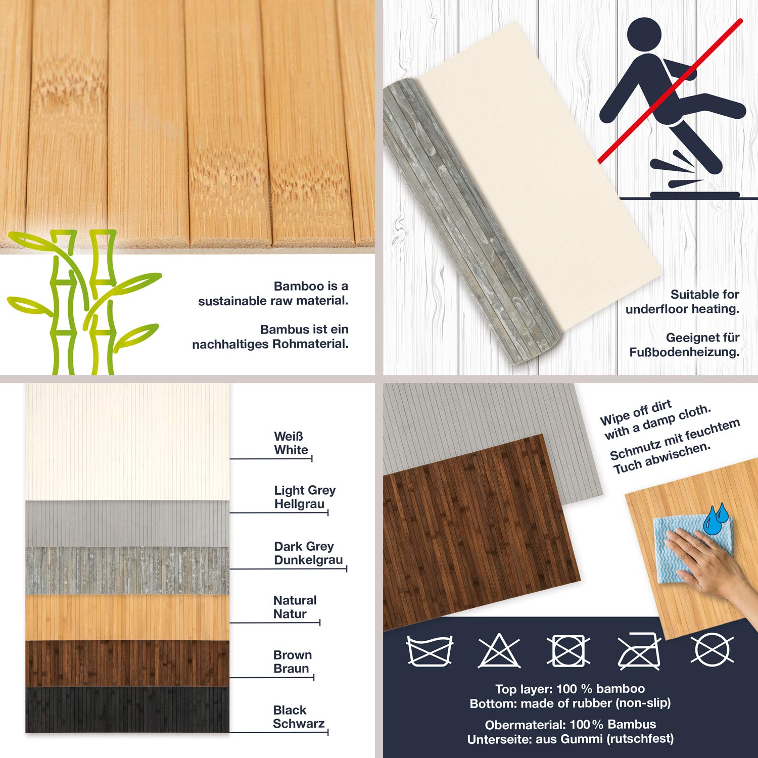 WohnDirect Tapis en Bambou Durable 50x280 - Tapis de Bain - Tapis de Bain antidérapant - 100% Bambou Surface - Tapis de Douche