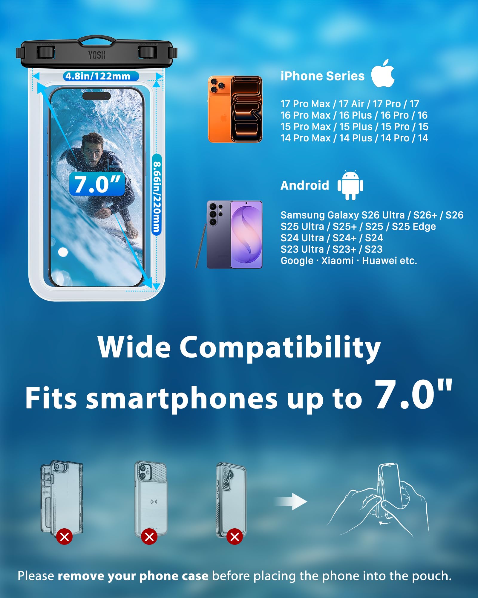 YOSH Wodoodporne etui na smartfona [2 sztuki], wodoszczelne etui na telefon, wodoodporne etui na smartfona iPhone 17 16 15, 14, 13, 12, 11 Pro, XR, Galaxy S26, S25, S24, S23, Ultra, przezroczyste