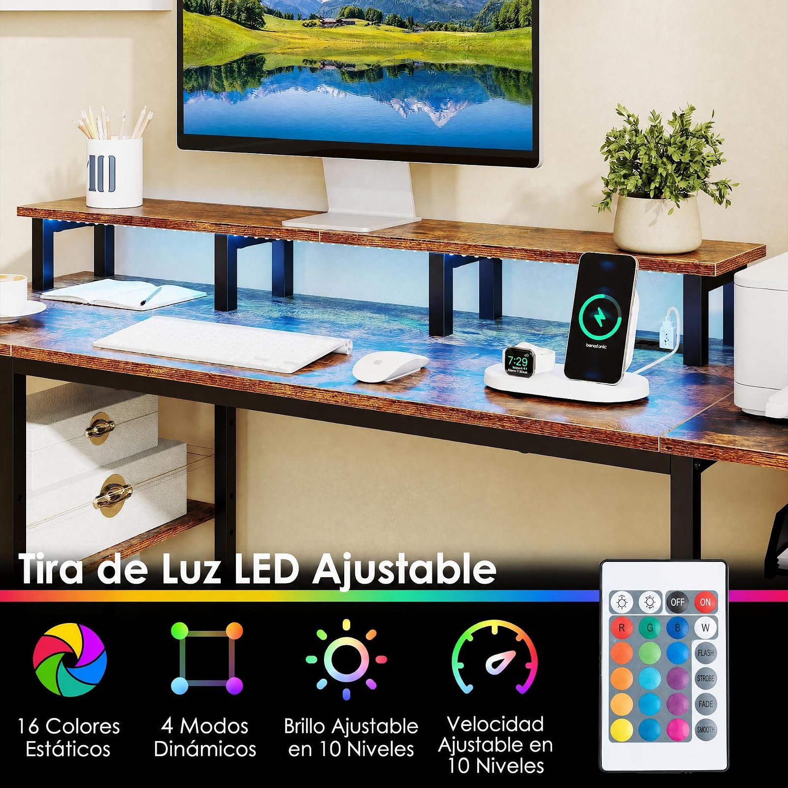 COSTWAY Escritorio Gaming Reversible con Estación de Carga y Luces LED, Marrón