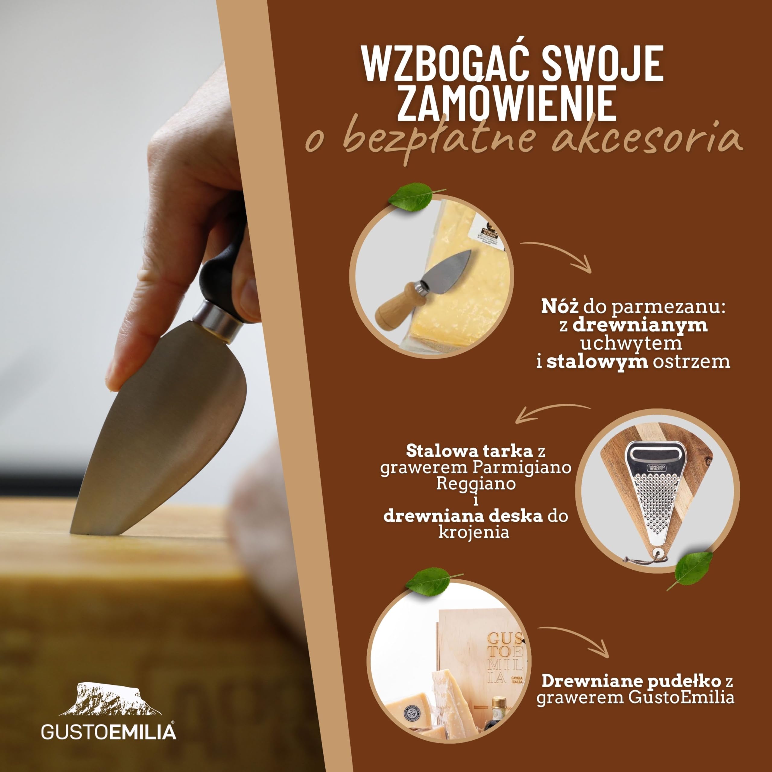 GUSTOEMILIA Kosz Upominkowy Gourmet: Ser Parmigiano Reggiano dojrzewający, Miód (3 x 250 g) oraz Dojrzały Ocet Balsamiczny - Włoski Kosz Prezentowy na Wszystkie Okazje