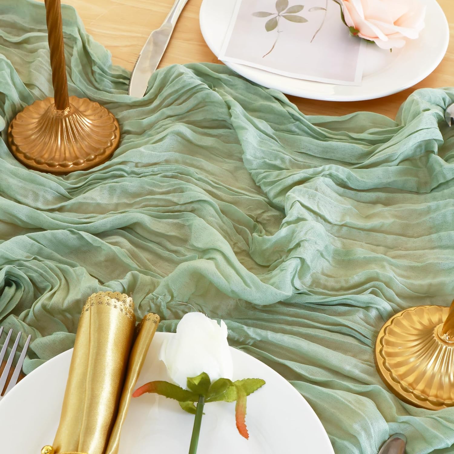 Fixwal 20 Pack Sage Green Cheesecloth Table Runners, 35x120 Inch Boho Gauze Table Runner, Semi-Transparent Table Decorations for Parties, Showers, Birthdays, Weddings