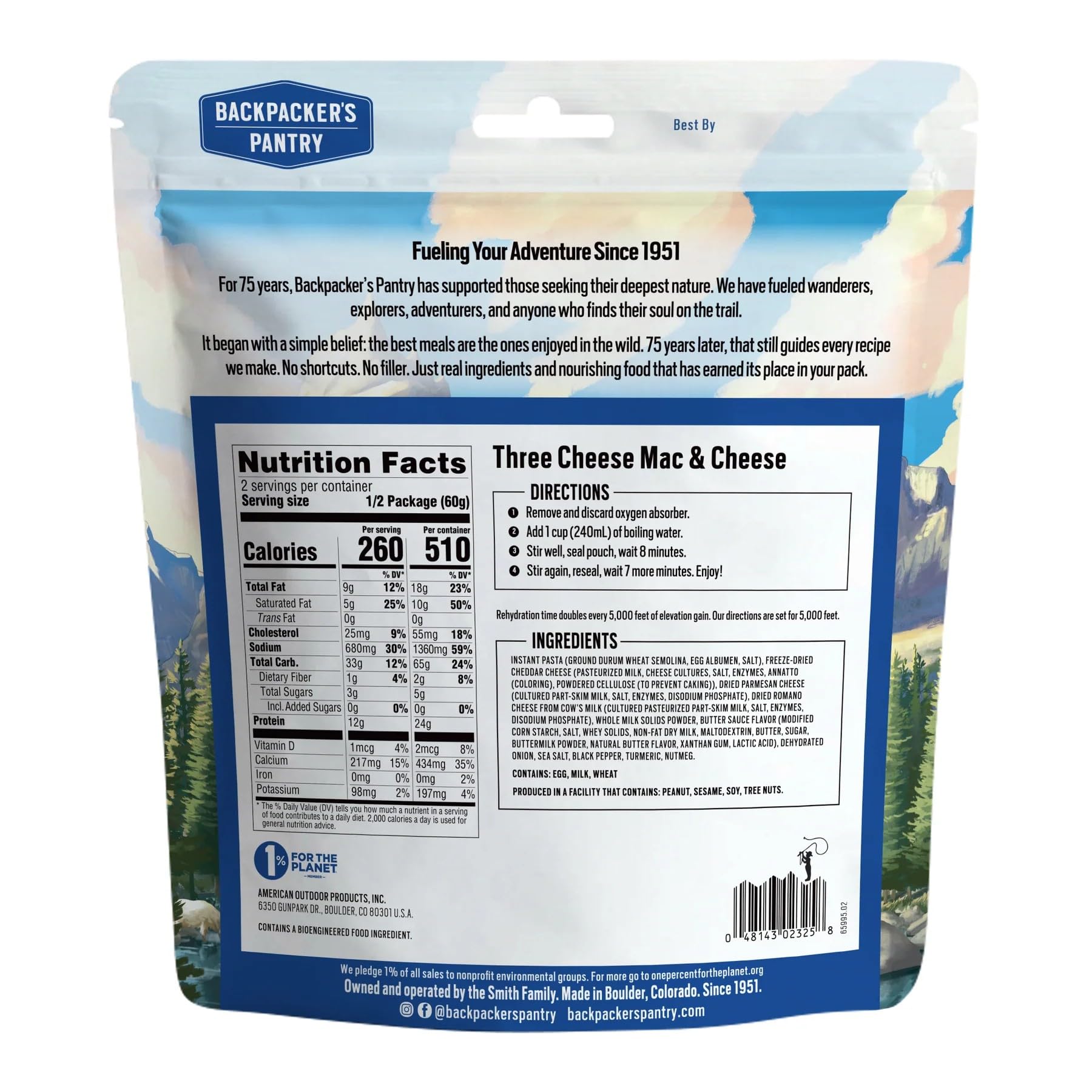 Backpacker's Pantry Three Cheese Mac & Cheese | 1er-Pack | 24g Protein | 510 Kal | Vegetarisch, Nussfrei | Hergestellt in den USA | Gefriergetrocknete Mahlzeit & Campingfutter