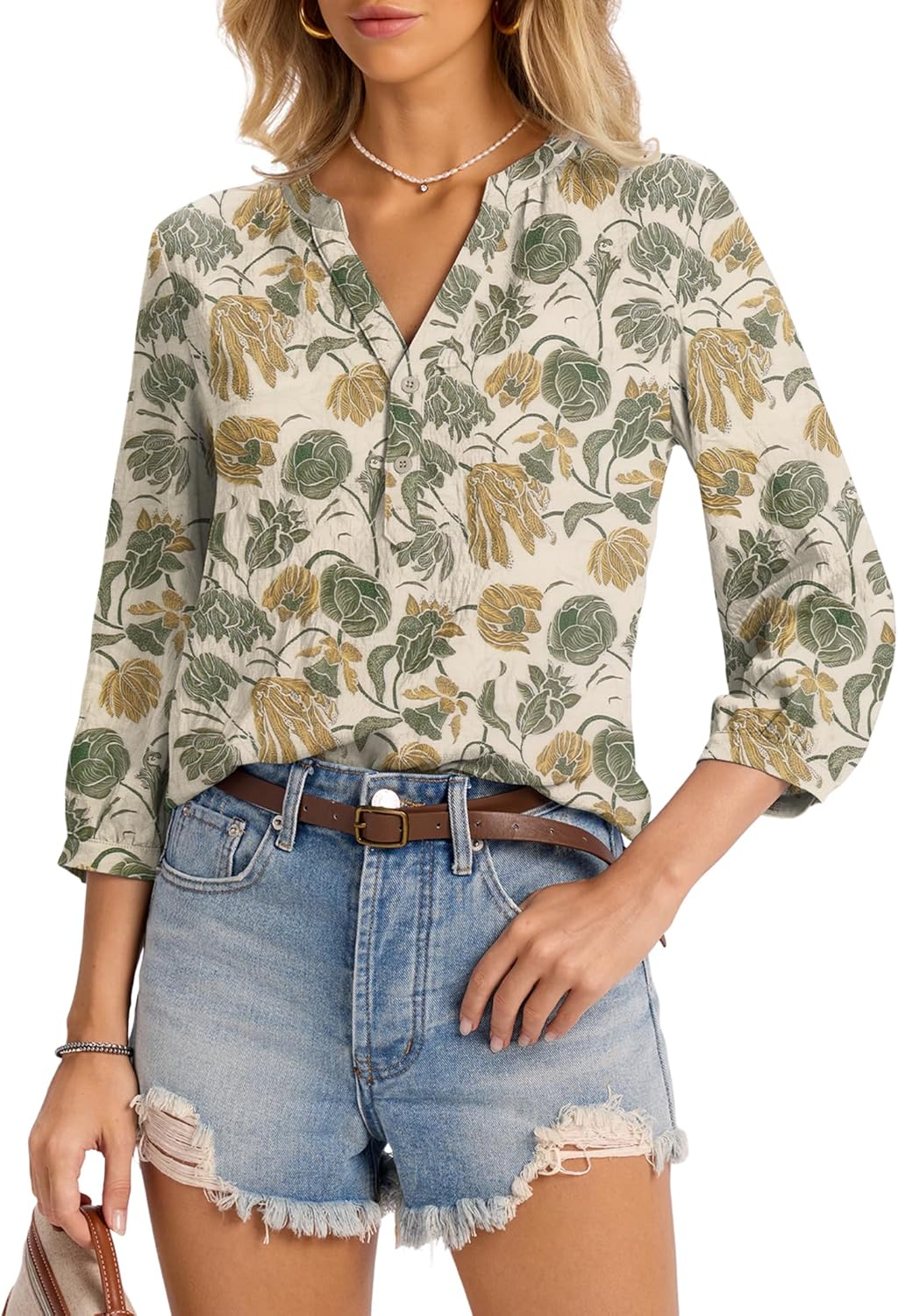 LOMON Womens Tops Dressy 3/4 Length Sleeve Henley V Neck Button Down Shirts Pleated Blouses S-XXL