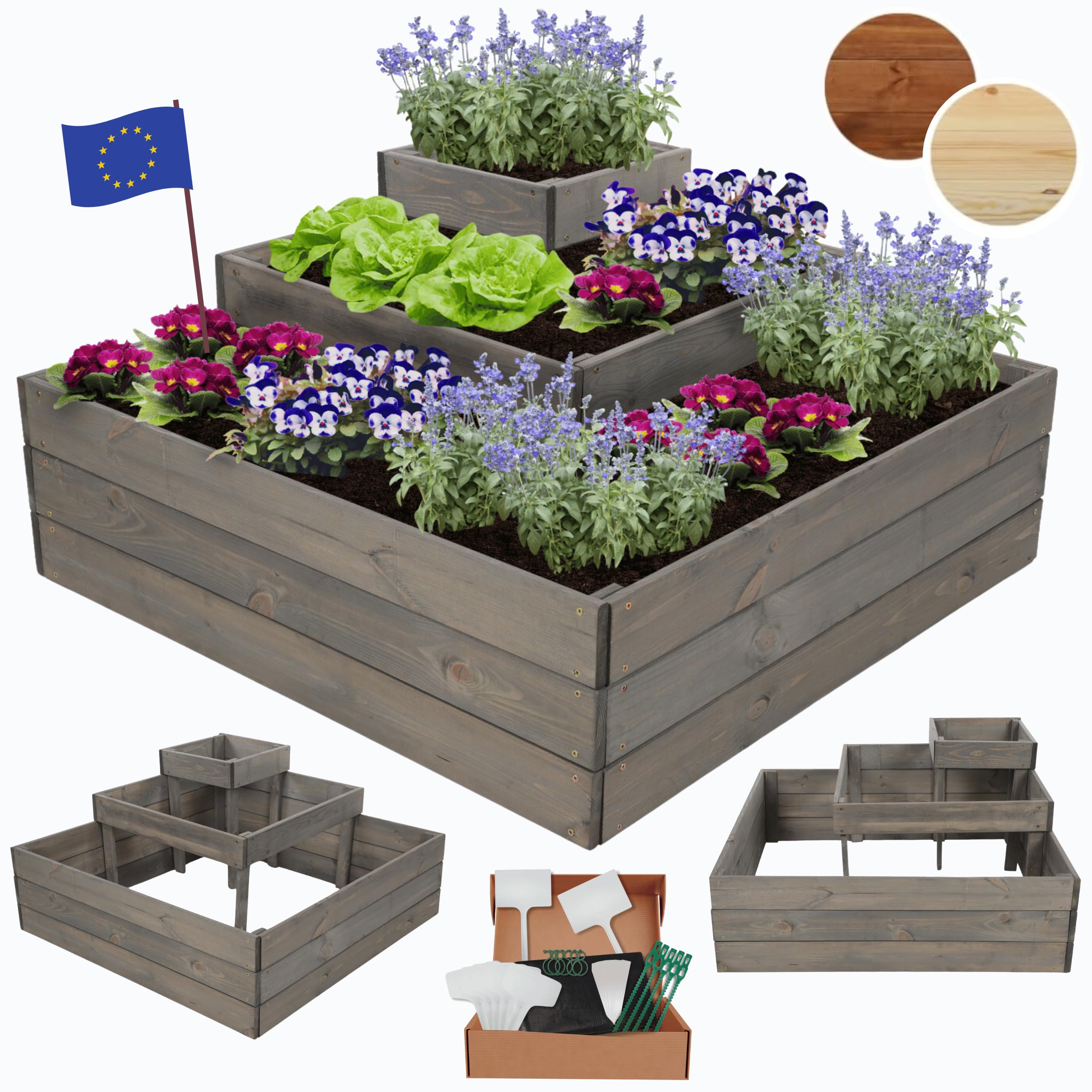 Hochbeet, Kräuterbeet, Gartenbeet, Pflanzbeet, Blumenbeet, Stufenbeet, Holz Stufen Treppe, für Garten und Terrasse, Kiefernholz, Massivholz, Abmessungen 45x92x92 cm, Farbe: Grau