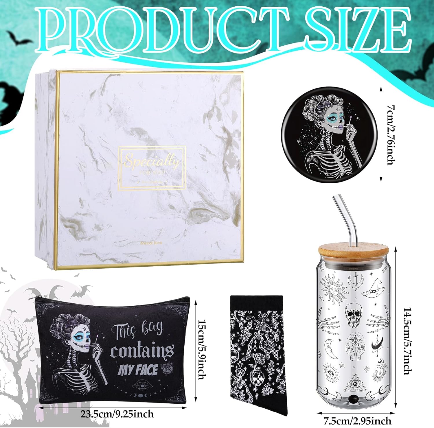 Kacctyen 5 Pcs Christmas Spooky Gifts for Women Witchy Gothic Gifts Stuff 16 oz Skeleton Glass Cups with Lids Straws Goth Makeup Bag Pocket Mirror Sock Goth Theme Box for Birthday Party Favors Friends - Image 2