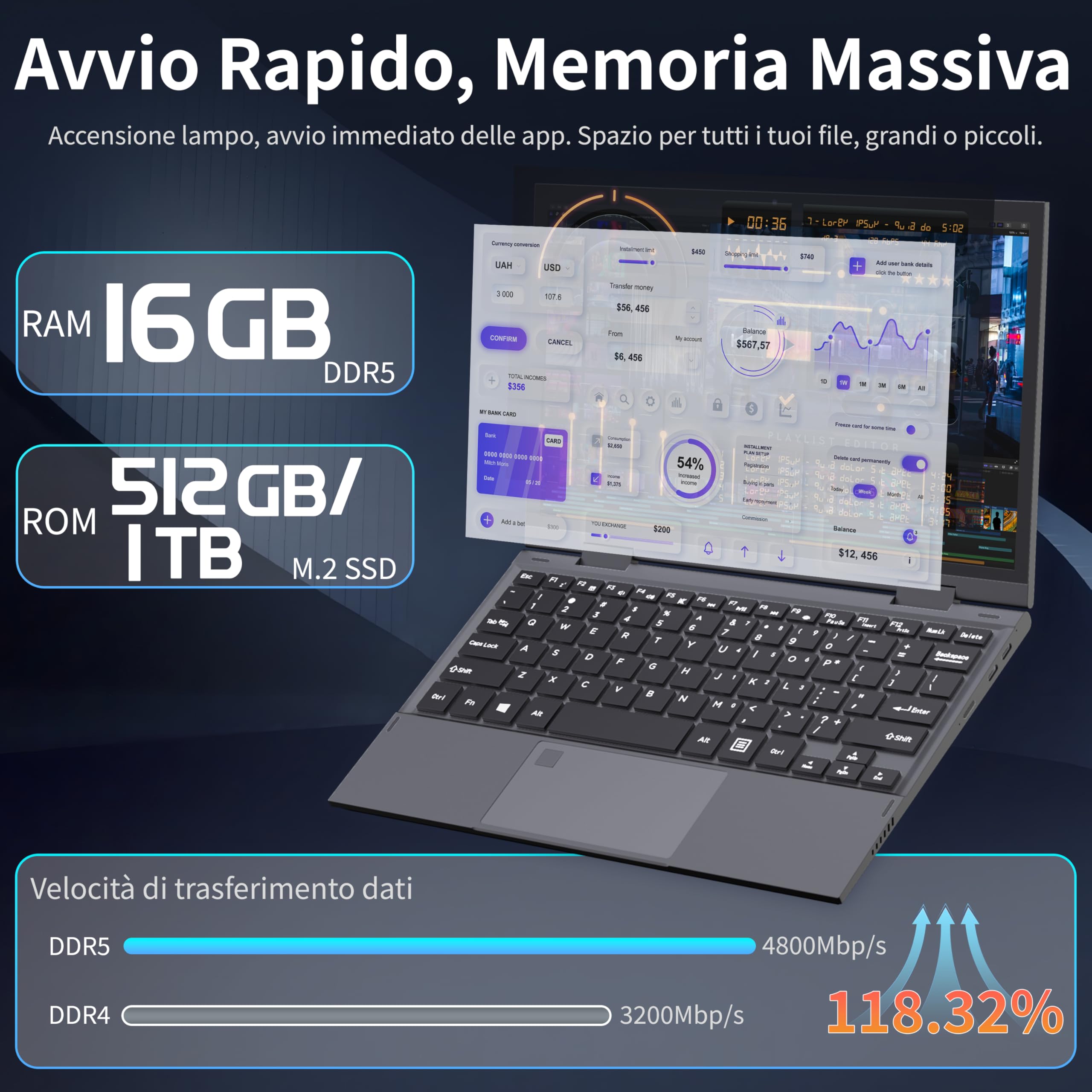 Amita Convertibile 2 in 1 11" FHD Touchscreen, Processore N95 12ª Gen (fino a 3.4 GHz), 16GB RAM DDR5, 512GB SSD, Porta Type-C, Rotazione 360°, Tastiera retroilluminata (Grigio, 512GB) - 5