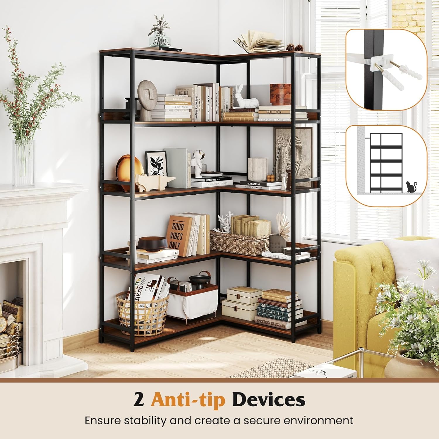 Tangkula Large Corner Bookshelf, 90 Degrees 5-Tier Industrial Wood Open Corner Bookcase for Small Spaces, Heavy-Duty Metal Frame, 71”H L-Shaped Storage Display Rack for Living Room (Walnut)