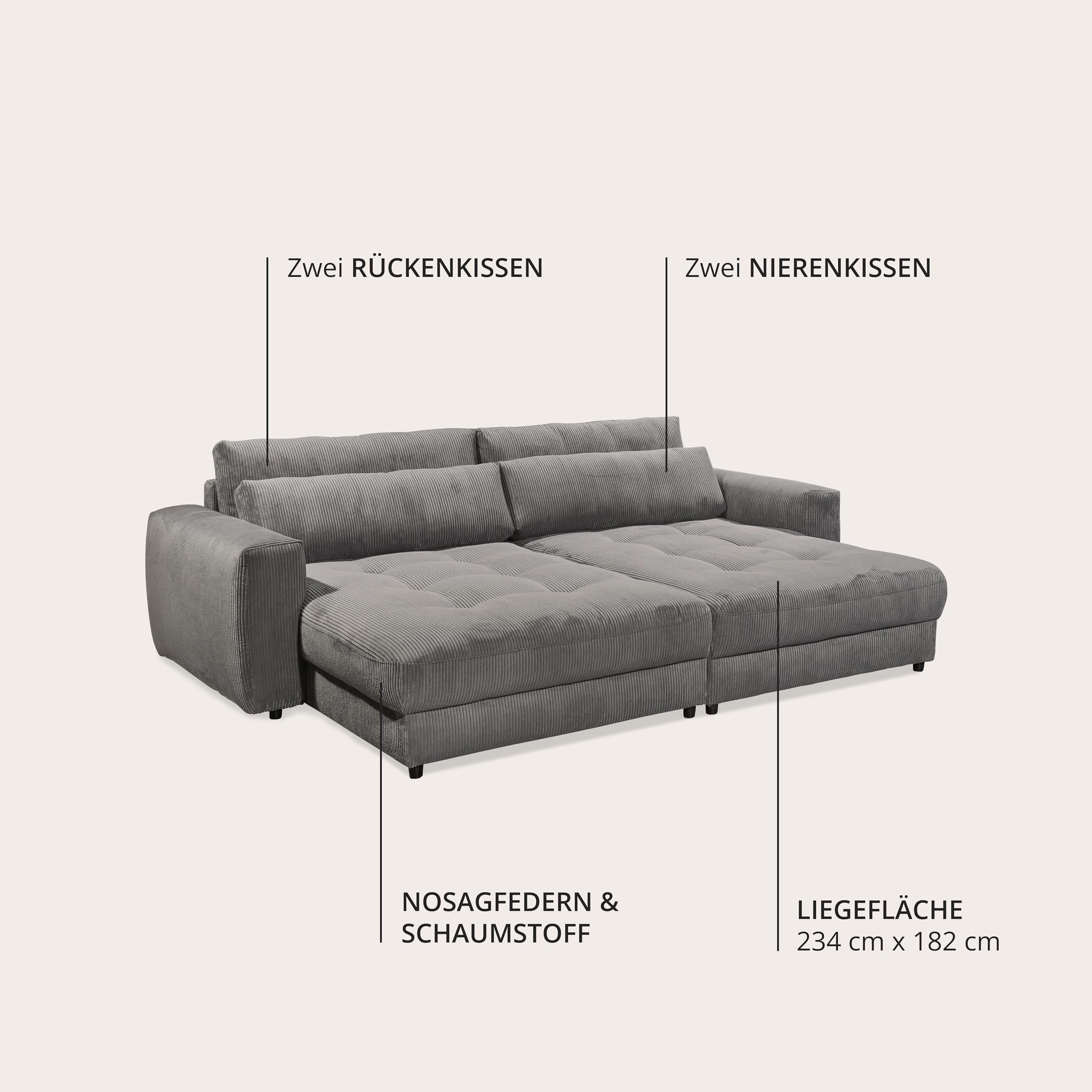 Big Sofa BARURA Cord dunkelgrau – XXL Couch mit großer Liegefläche, modernes Sofa 292x194 cm inklusive Nierenkissen