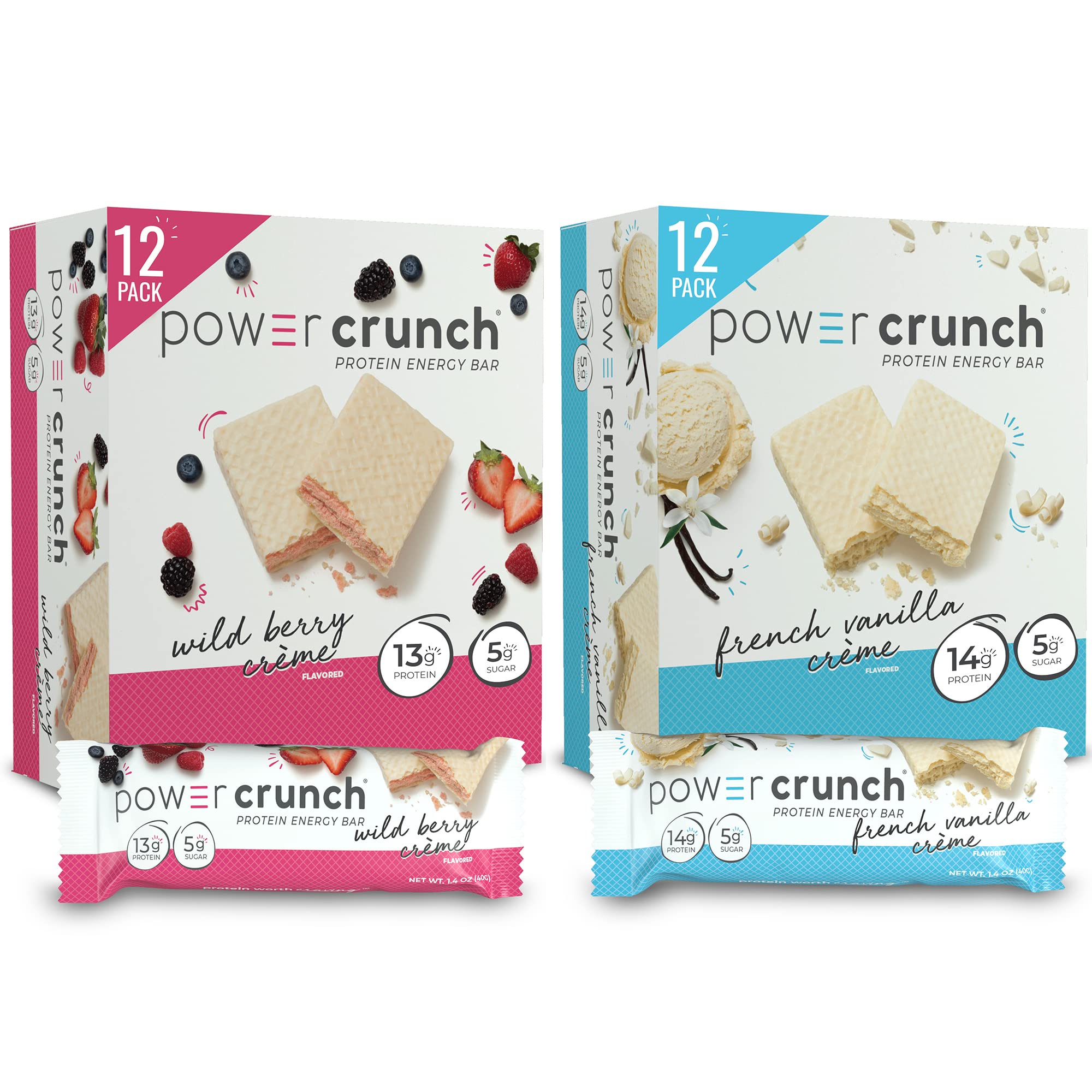 Power Crunch Protein Bars, High Protein Snacks with Delicious Taste, Variety Pack, French Vanilla & Wild Berry Crème, 1.4 Ounce (24 Count)