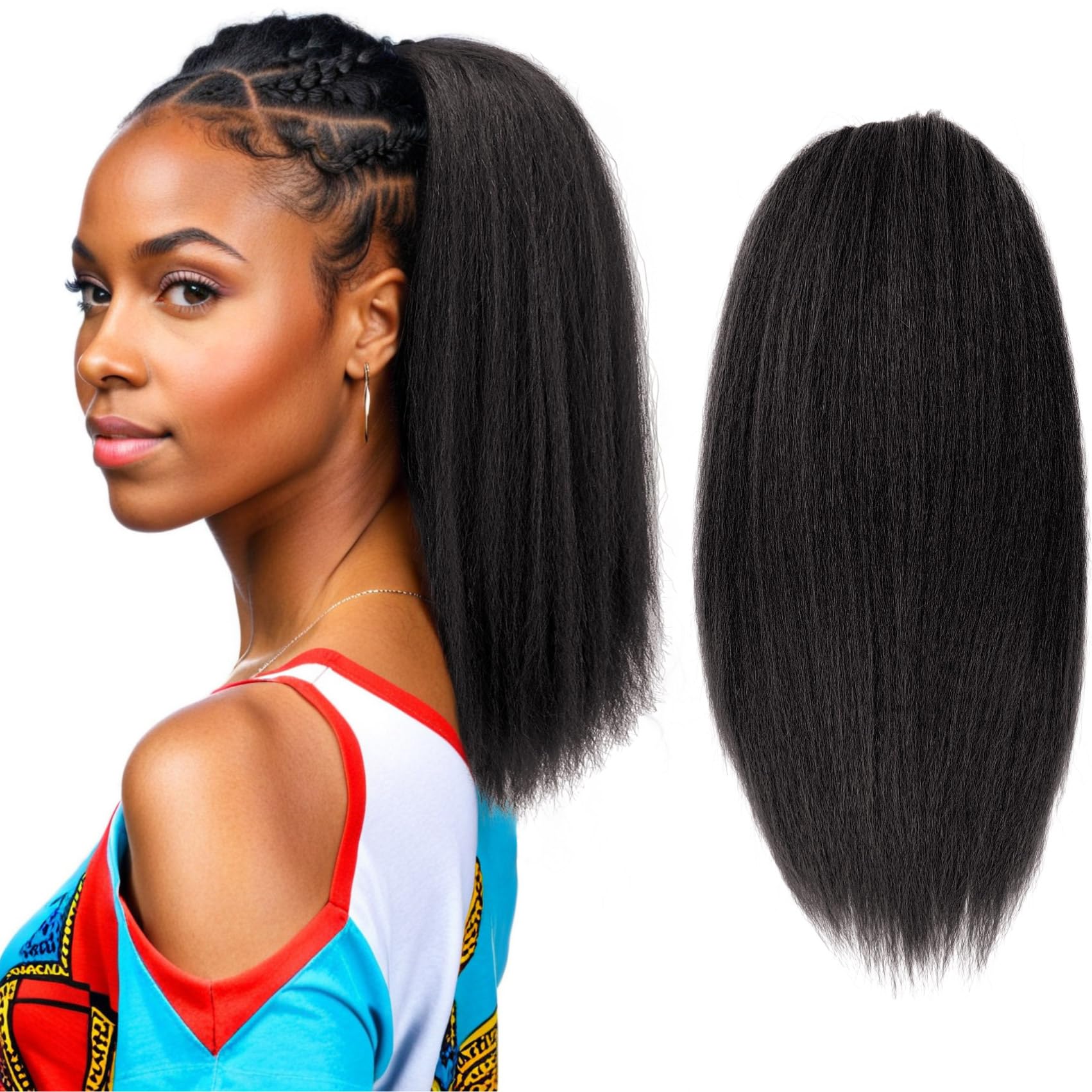 Yaki Straight Drawstring Ponytail for Black Women 16inch Shoulder Length Synthetic Natural Black Kinky Straight Clip in Ponytail Extension for Girl Daily Use(2# Natural Black)
