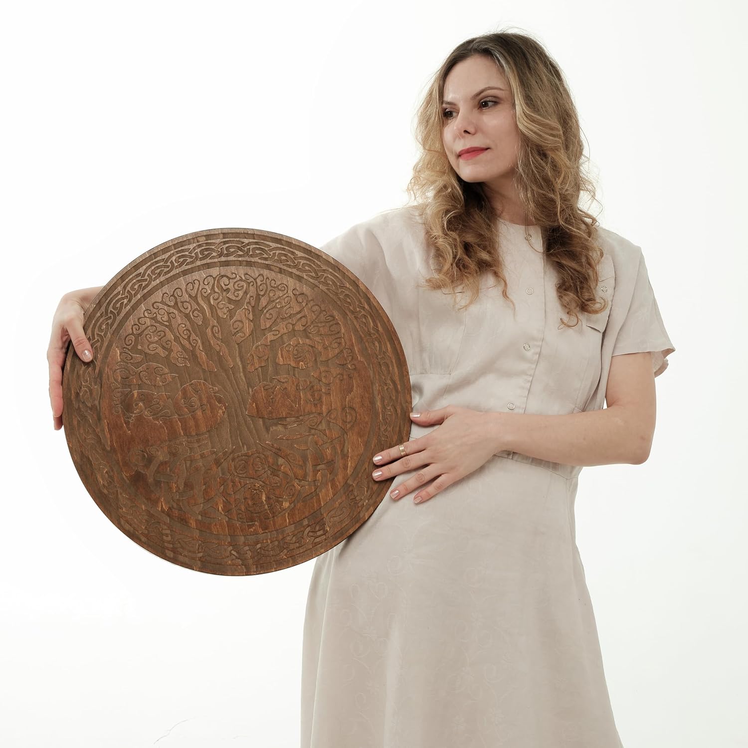 Celtic Tree Water-Fall Disc, Engraved Wooden Ocean Drum, 19.5" (50 cm), Ocean Waves & Waterfall Sound, With Protective Bag