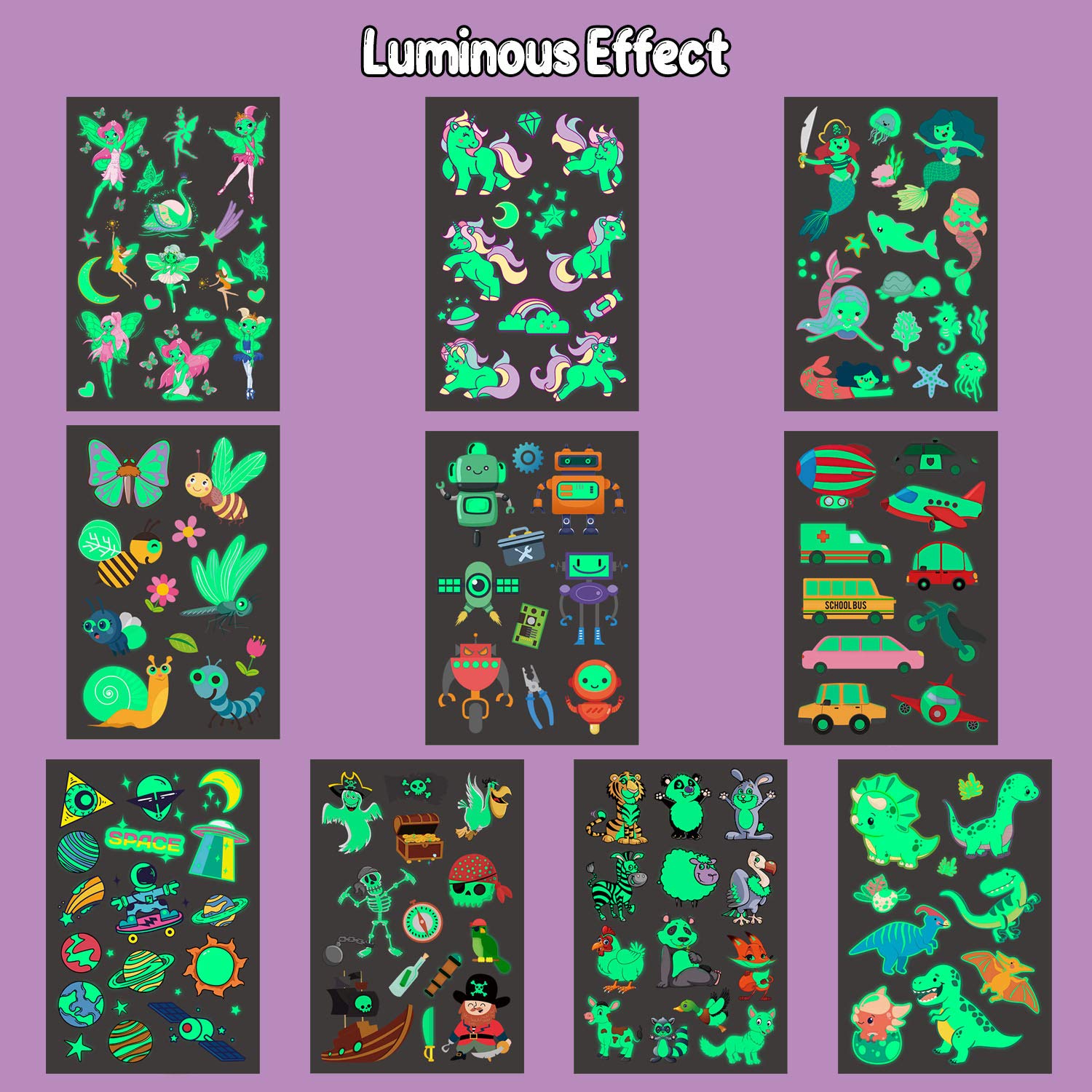 PARTYWIND Luminous Temporary Tattoos for Kids, Waterproof Fake Tattoos Stickers with Unicorn Dinosaur Mermaid Pirate Construction Theme for Boys and Girls, Birthday Party Decorations Supplies Favors : Beauty & Personal Care