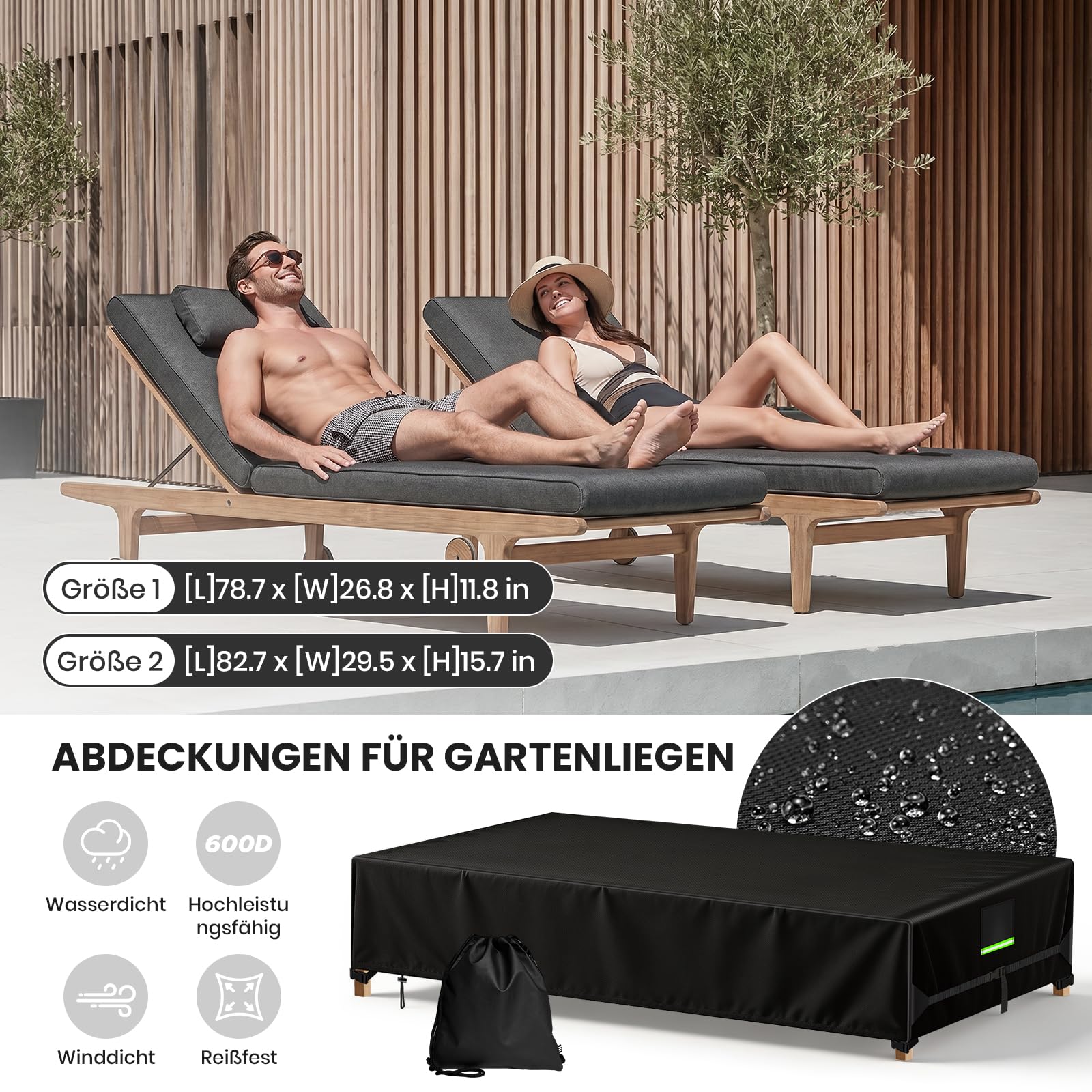 Gartenliege Abdeckung, 200x68x30cm, 2Stk 600D Wasserdicht Schutzhülle Sonnenliege mit 4 Fußschnalle, 2 Lüftungsöffnung, Kordelzug, 2 Reflektoren, 2 Seitlicher Riemen, Abdeckhauben für Liegen