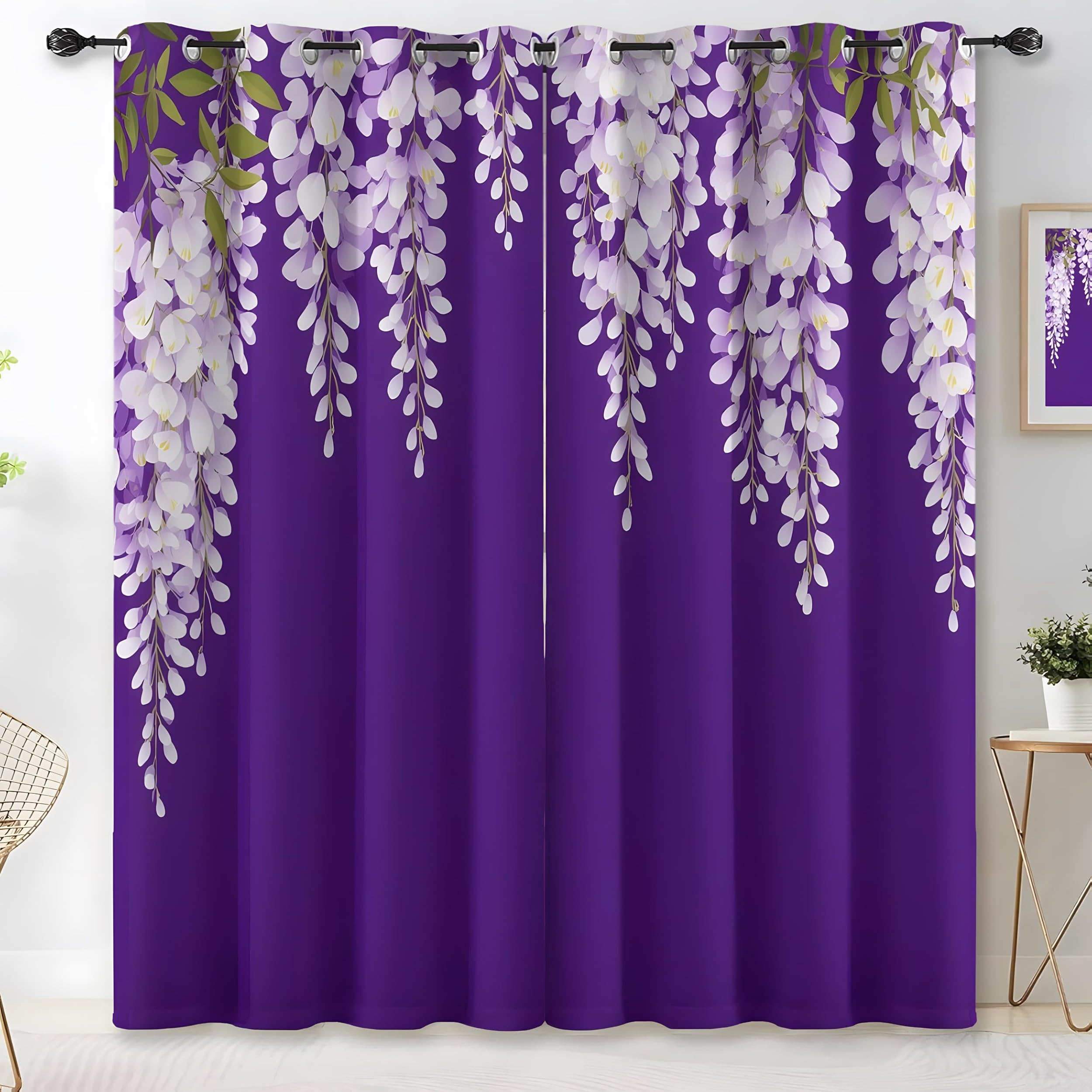 Rideaux occultants fleurs de glycine violets isolants thermiques salon L140xH240