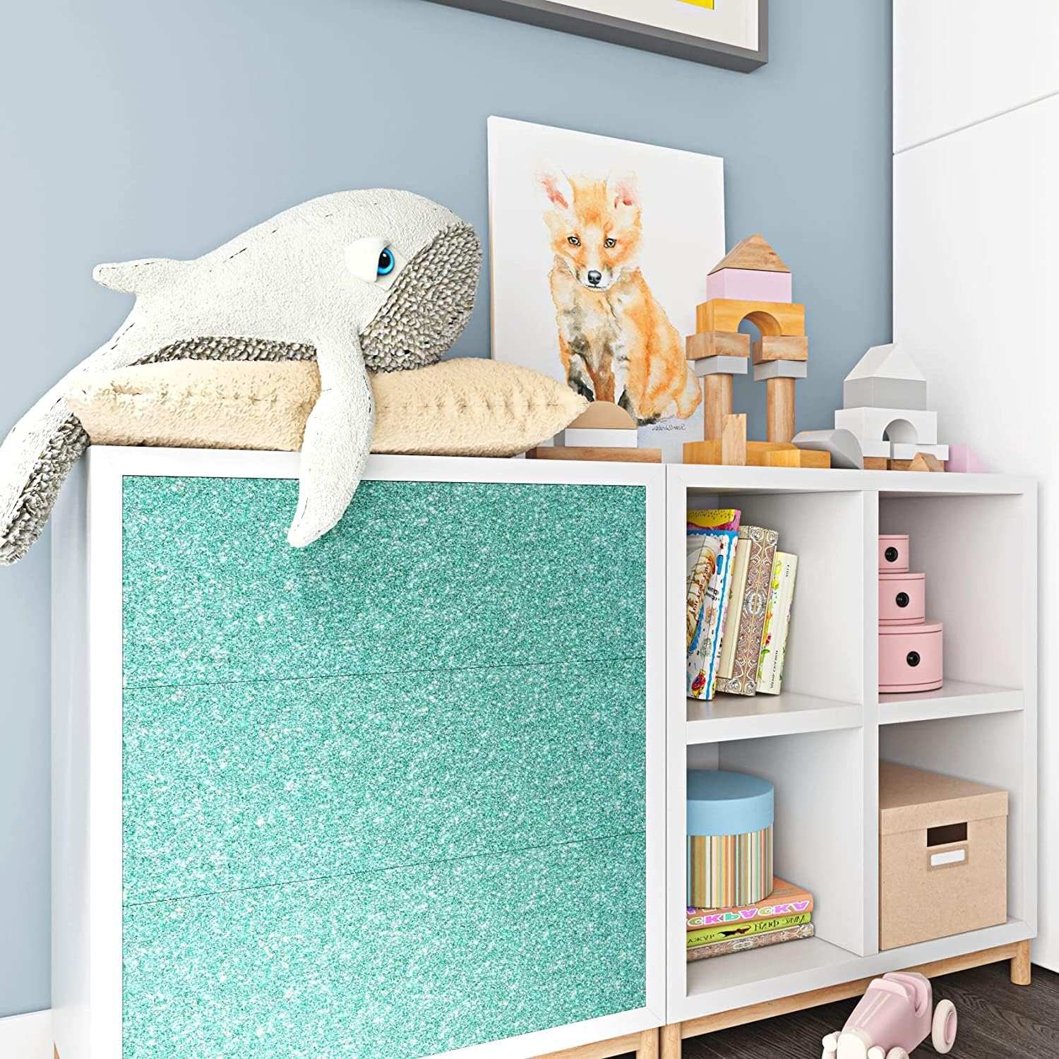 FunStick Light Teal Glitter Wallpaper Self Adhesive Teal Glitter Contact Paper Decorative Removable Sparkle Teal Peel and Stick Wallpaper for Room Walls Cabinets Dresser Furniture Crafts 15.8"x78.8"
