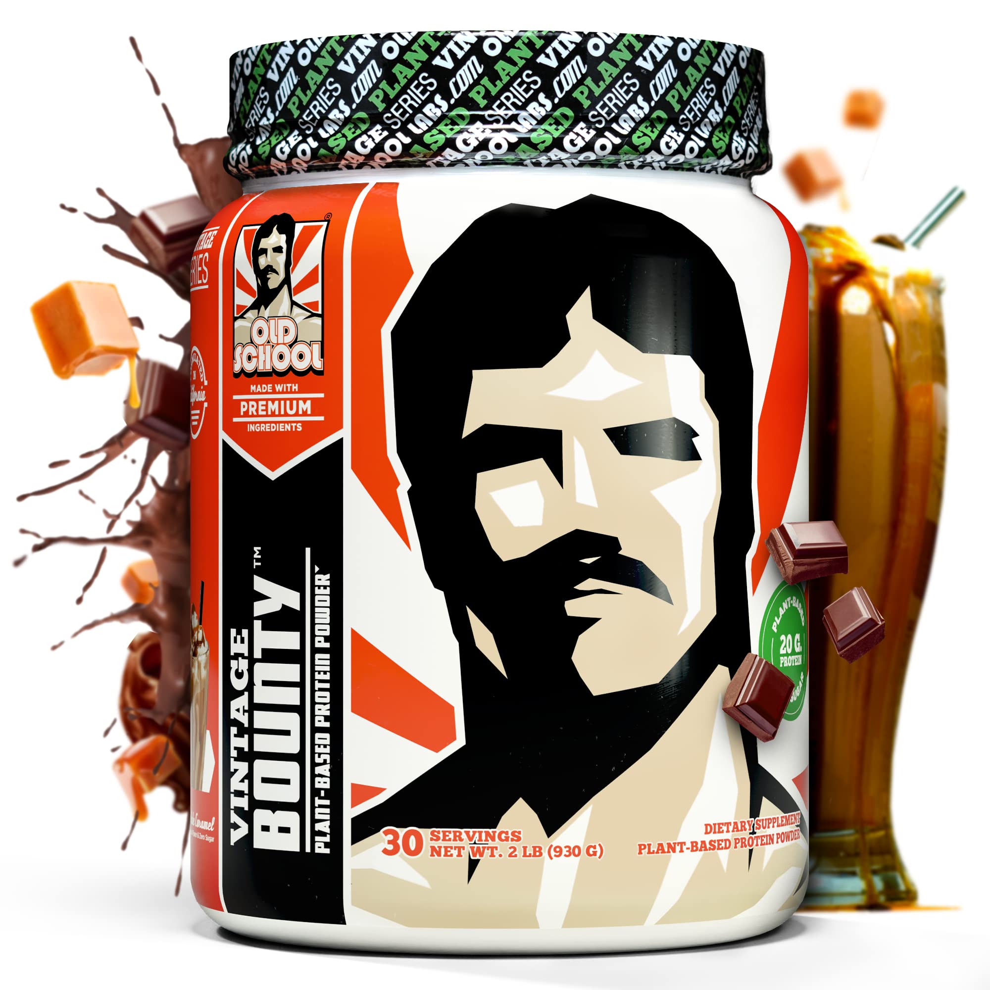 Old School Labs Vintage Bounty - Plant Based Vegan Protein Powder, Post-Workout & Recovery – Pea, Brown Rice, Pumpkin Seed & Sunflower Seed Protein – Smooth Delicious Chocolate Caramel Flavor, 2 lbs.