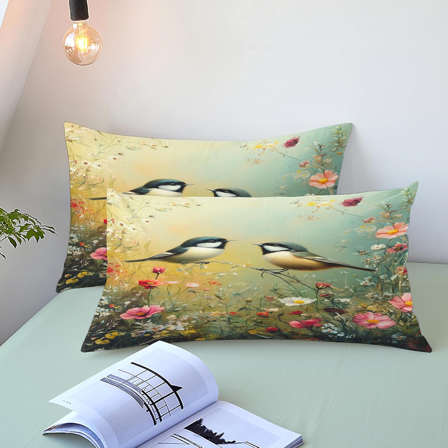 Green Comforter Set Queen Size Pink Floral Bird Comforter Spring Botanical Flower Soft Lightweight Bedding Set 3 Pcs for All Seasons (1 Comforter, 2 Pillowcases)