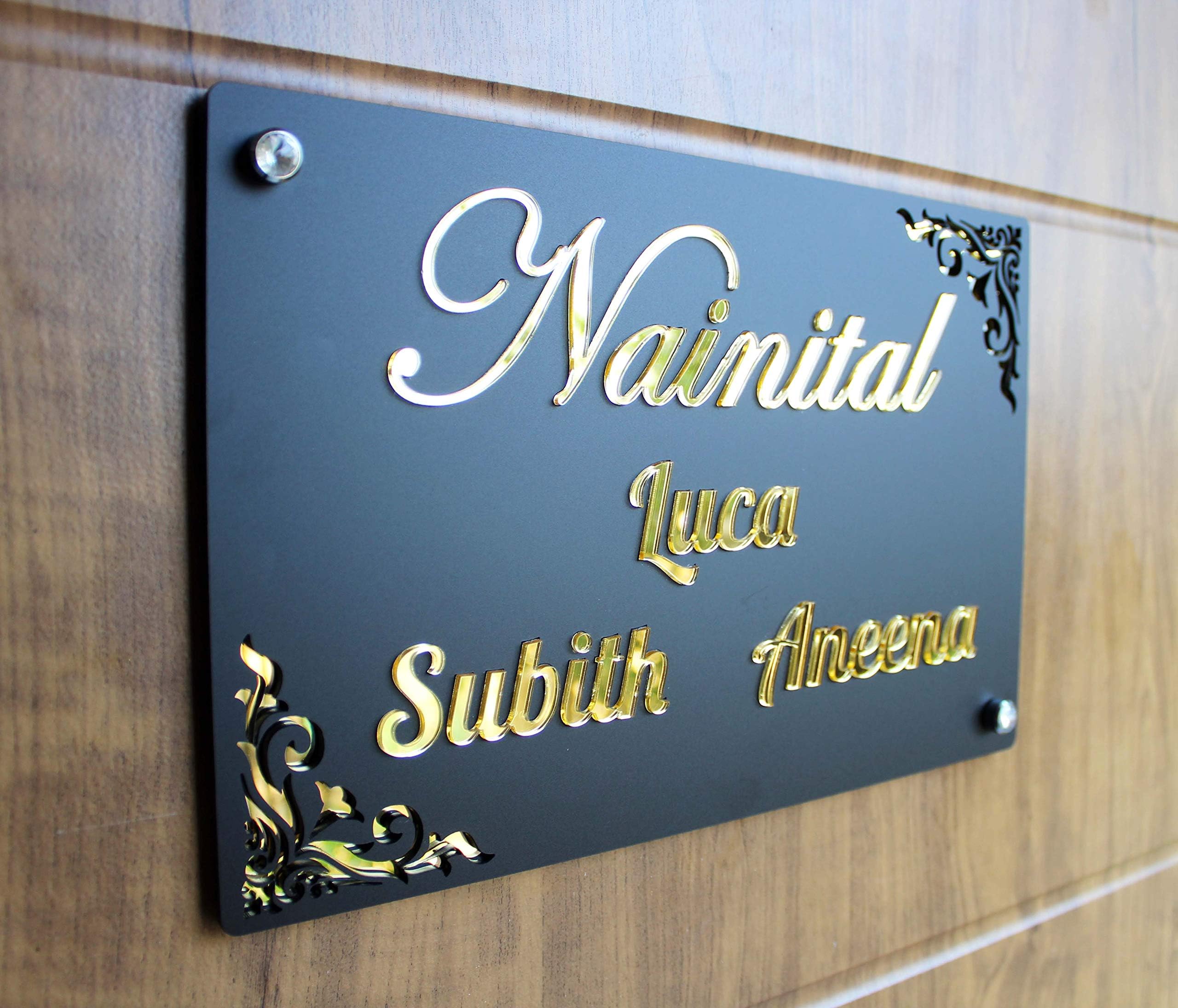 iCreations® Personalized Name Plate for Home Door – Black Matte Acrylic with Golden 3D Letters, 8 x 12 Inch Custom House Name Board, Waterproof Wall Mounted Nameplate for Entrance
