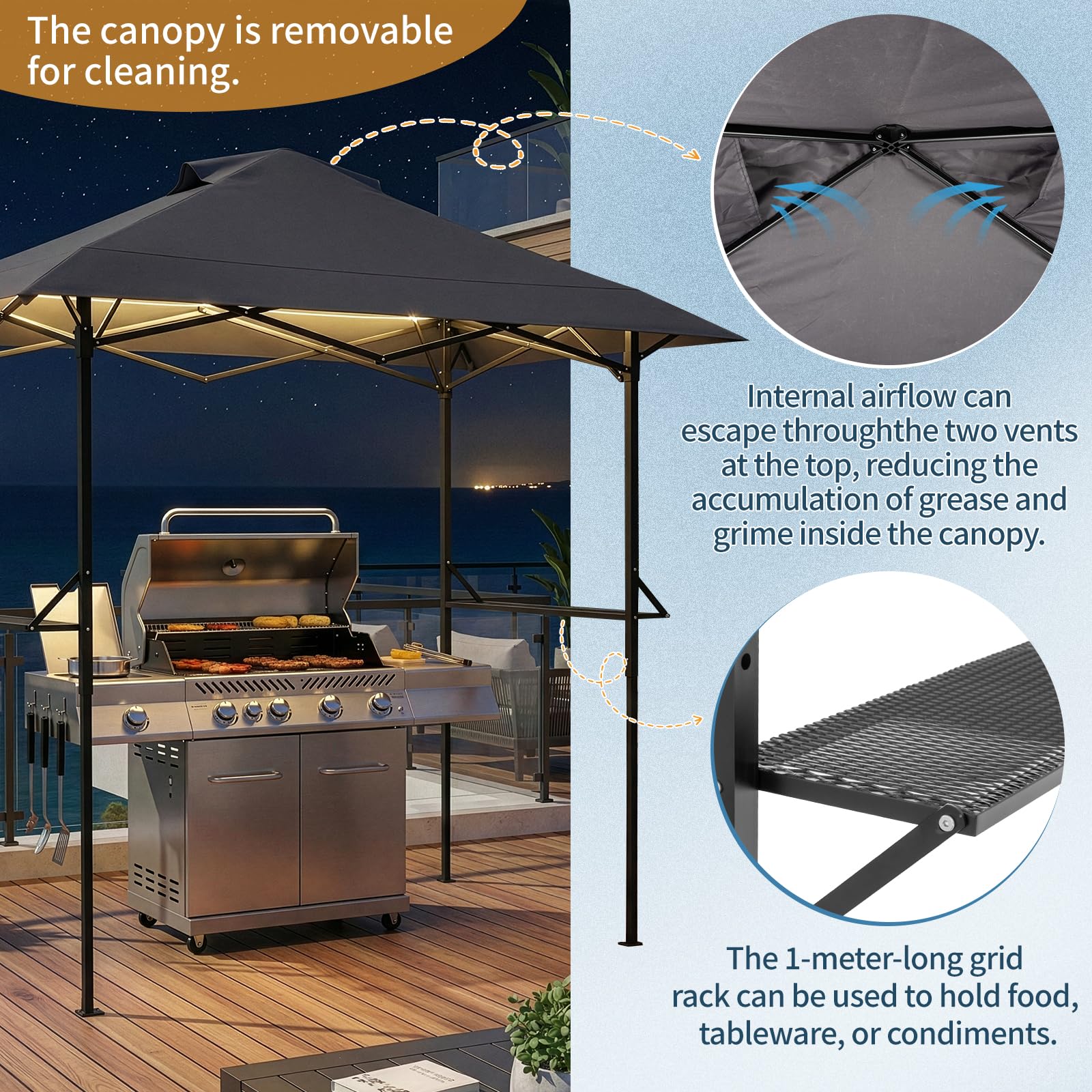 LEADZM Cenador plegable para barbacoa, 255 x 150 x 240 cm, marco de metal resistente, con ventilación, resistente a la intemperie, impermeable, protección solar, resistente al viento, para jardín