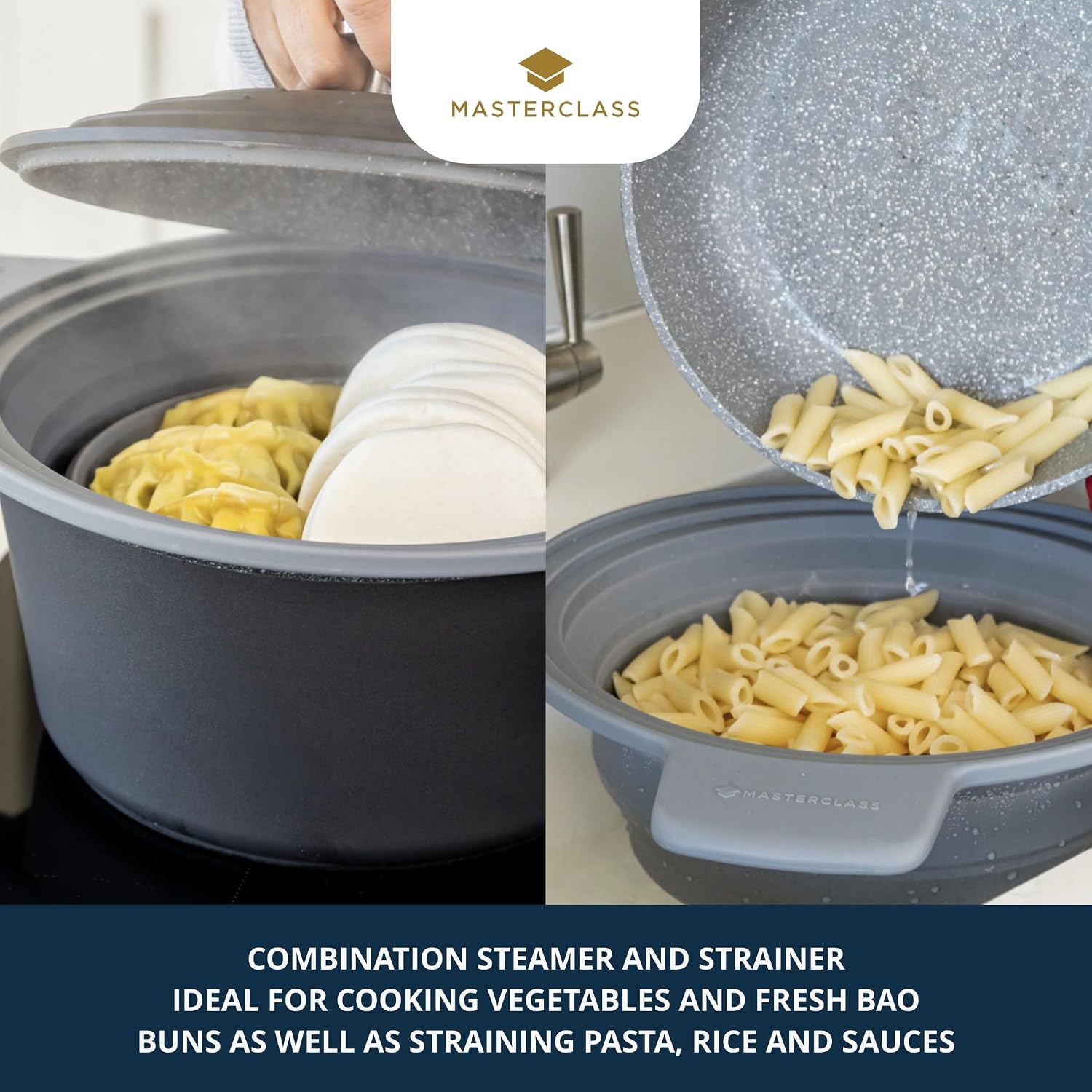 MasterClass Silicone All-in-One Steam Strainer Colander With Handles,Heat Resistant Non-Toxic Space Saving Collapsible Portable Pasta Rice Vegetable Drainer Steamer, Fits Inside a Csserole Dish