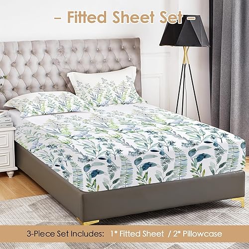 Miniatura 5 de YIYEA Juego de ropa de cama individual de microfibra cepillada, 1800 hilos, estampado de plantas, bolsillo profundo, ultra suave, 1 sábana bajera y