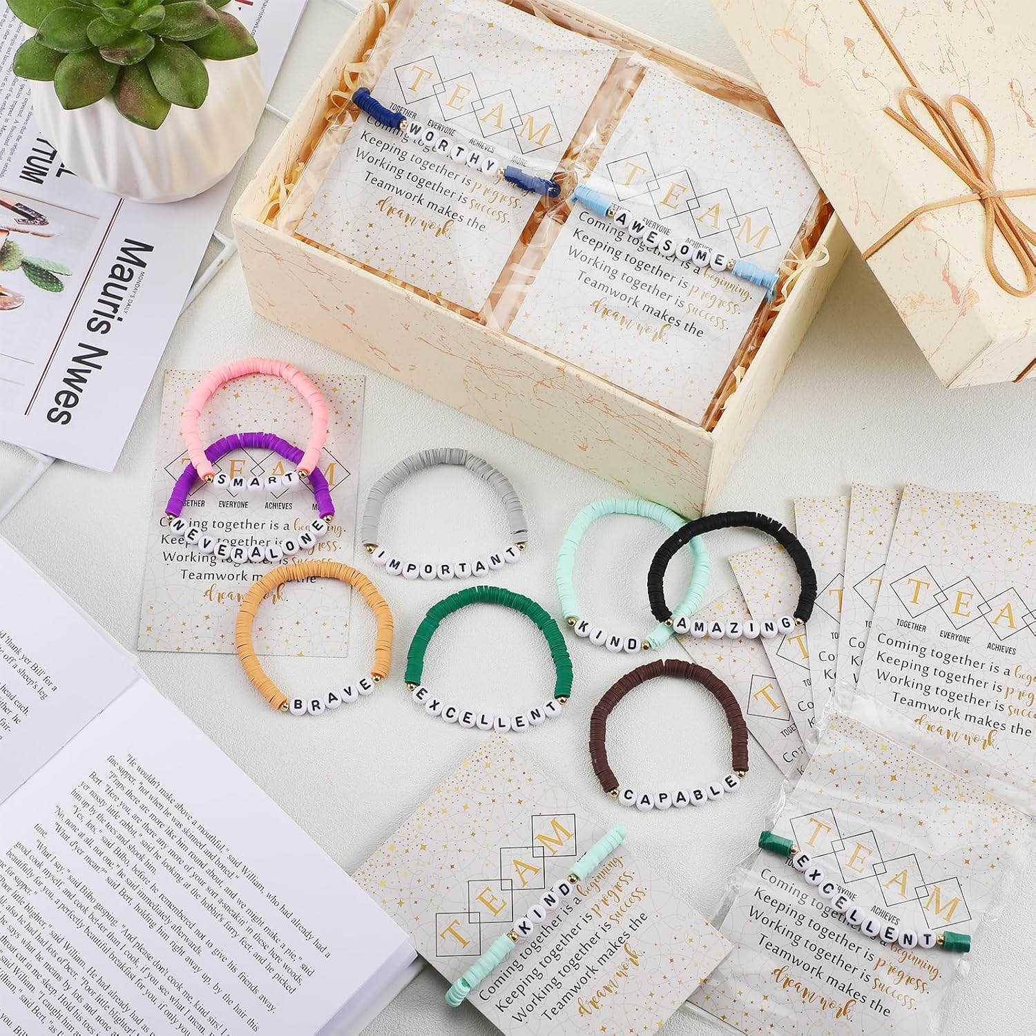 Landical 20 Set Inspirational Friendship Bracelet Bulk Employees Appreciation Gift Motivational Clay Beaded Bracelets with Team Quotes Card for Social Worker Assistant Coworkers Office - Image 5