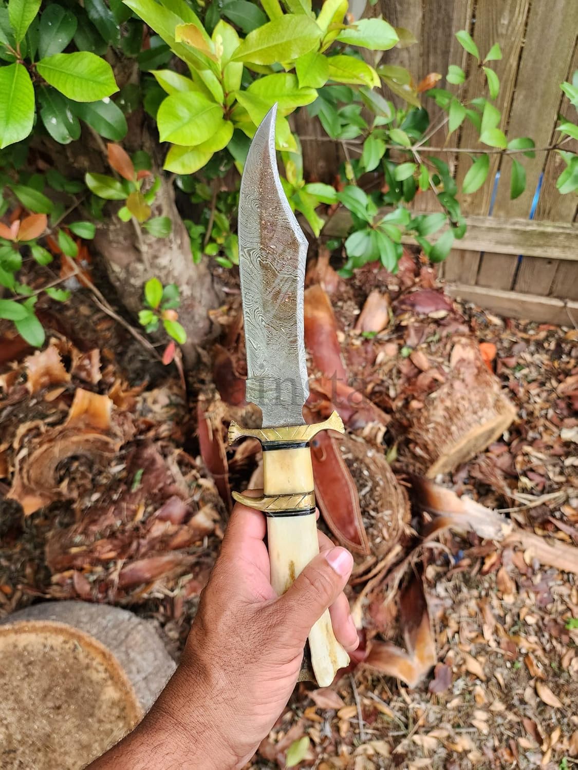 Fixed Blade Knife with Sheath 15 Inch Handmade Custom Damascus Hunting Knife, Hand Forged Classic Bowie Knife with Camel Bone Handle for Firm Grip, white
