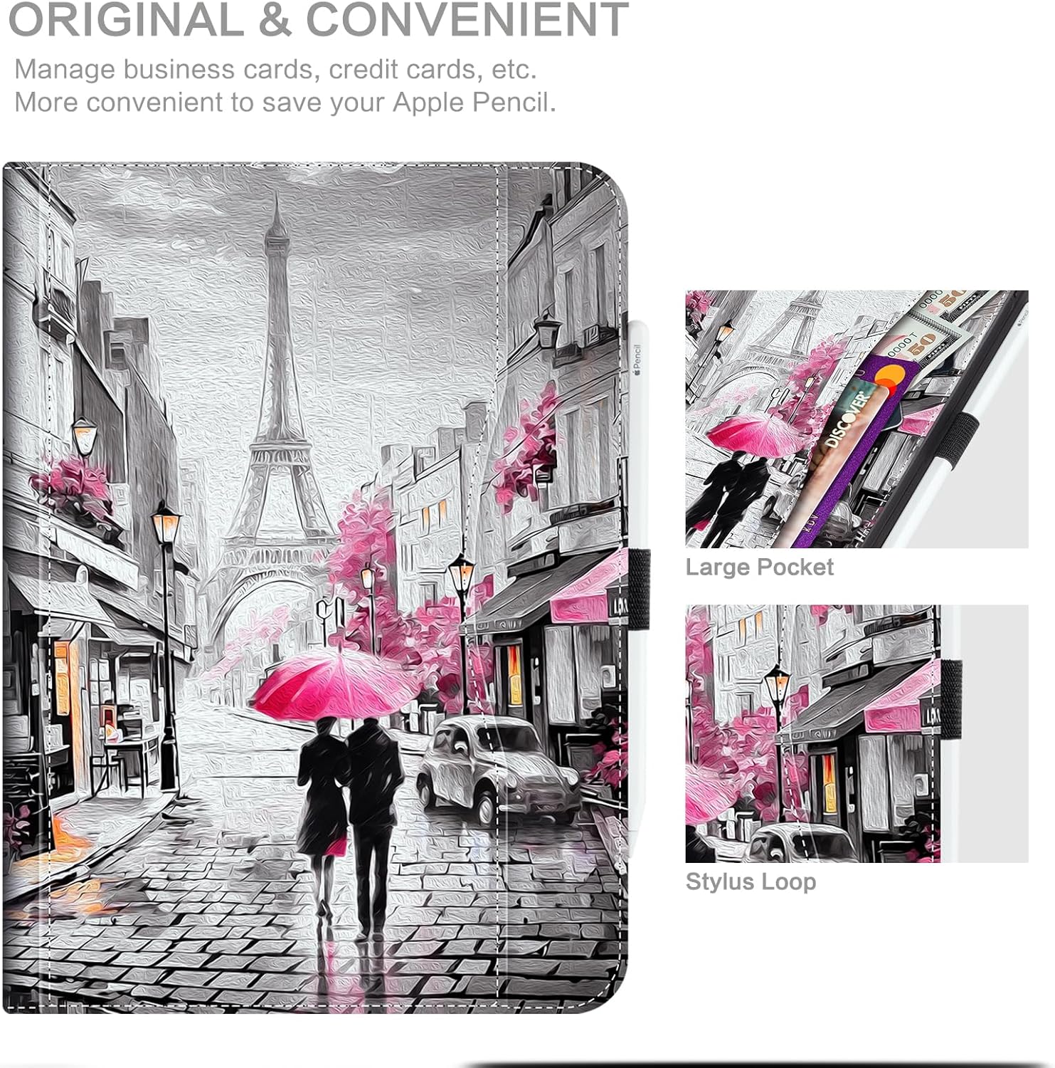 Lokigo New for iPad (A16)11th Generation Case 11 Inch 2025, iPad 10th Generation Case 10.9 Inch 2022, Pink Gray Protective Multi-viewing Stand Cover with Pencil Holder, Auto Wake/Sleep, Lover in Paris